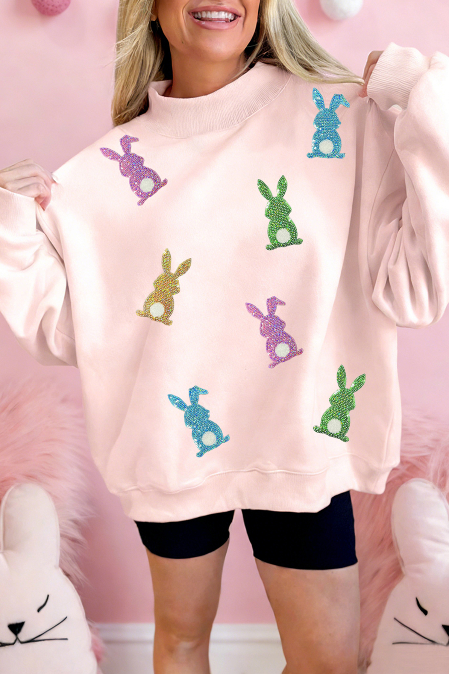 Apricot Pink Glittery Bunny Patched Mock Neck Sweatshirt - loveforevers