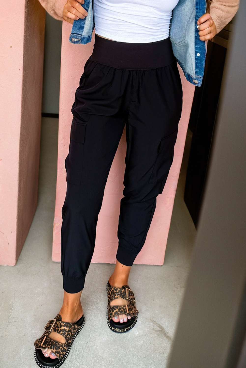 Black Elastic High Waist Pocketed Cargo Jogger Pants - loveforevers