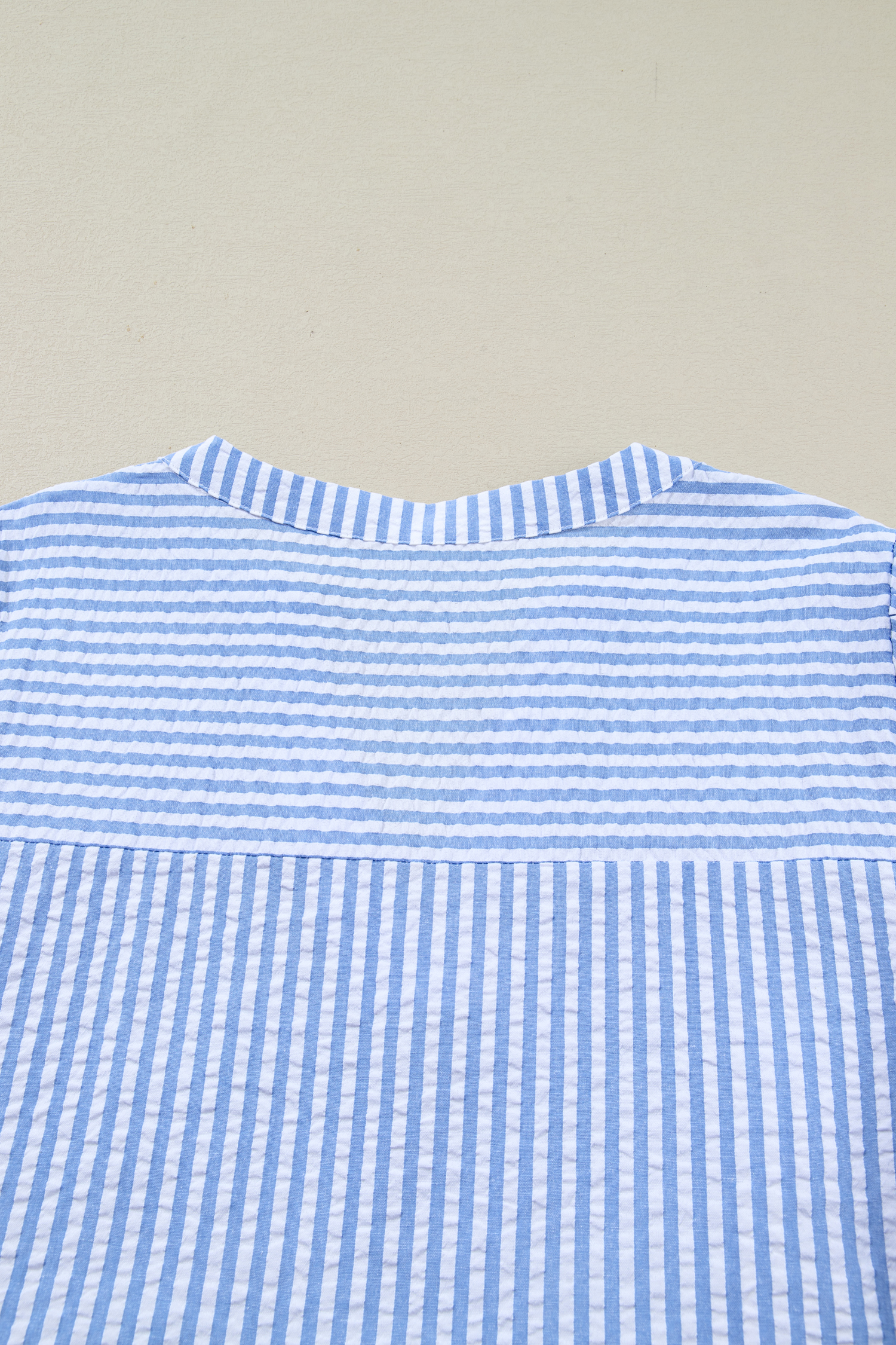 Sky Blue Stripe Seersucker Textured Notched Neck Long Puff Sleeve Tiered Curvy Dress - loveforevers