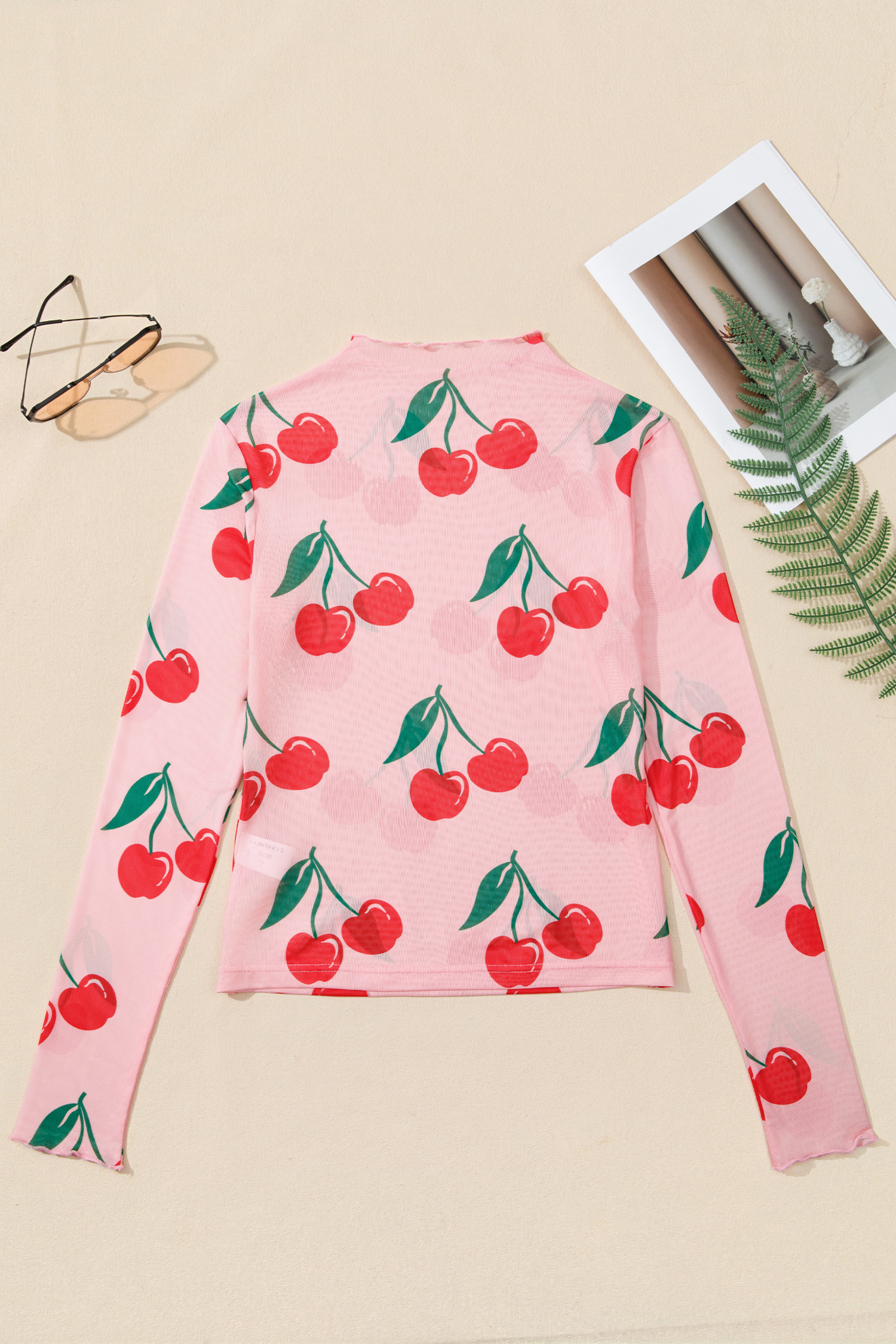Pink Cherry Print Lettuce Trim Long Sleeve Mesh Top - loveforevers