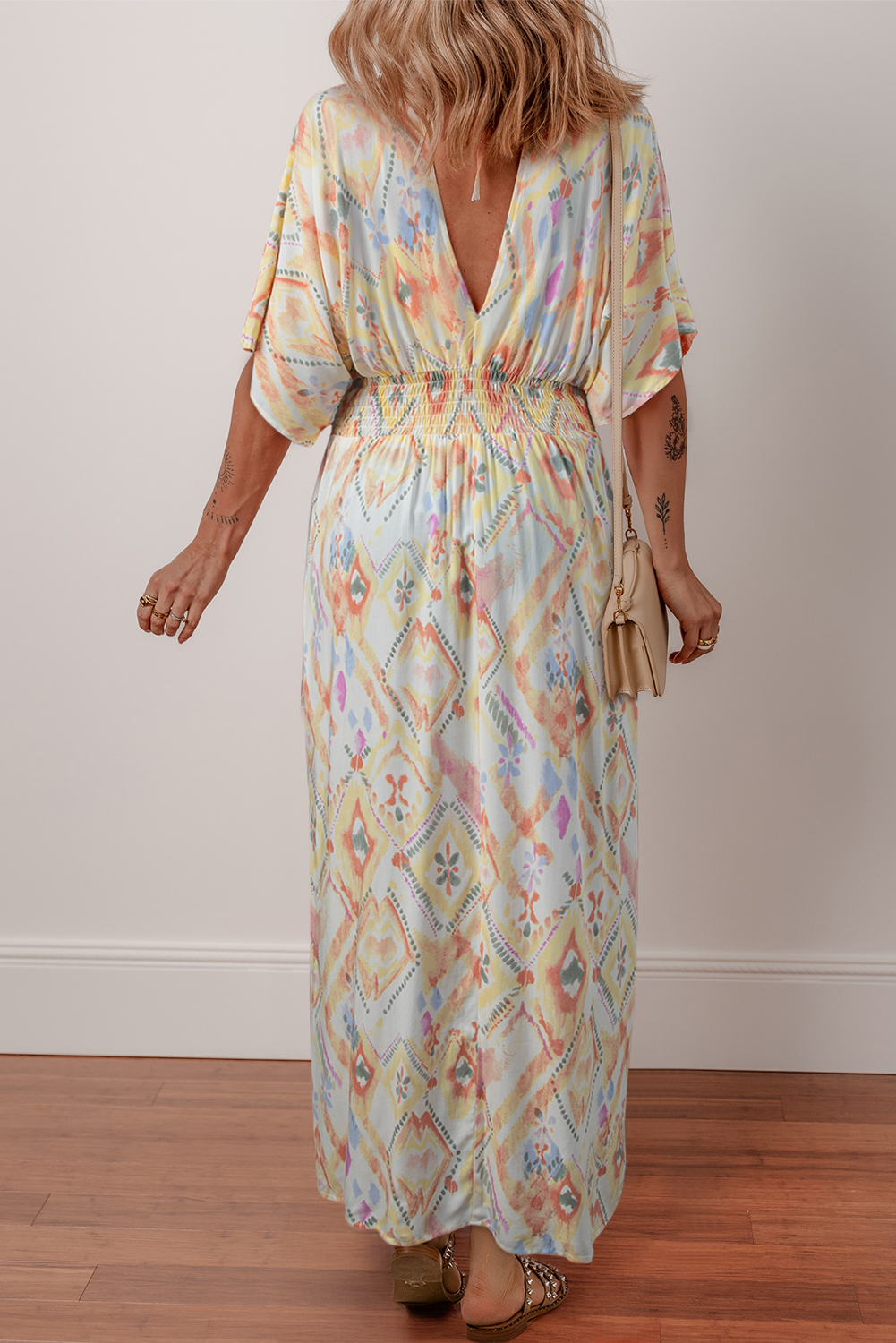 Multicolour Geometric Print Half Sleeve Shirred High Waist Maxi Dress - loveforevers