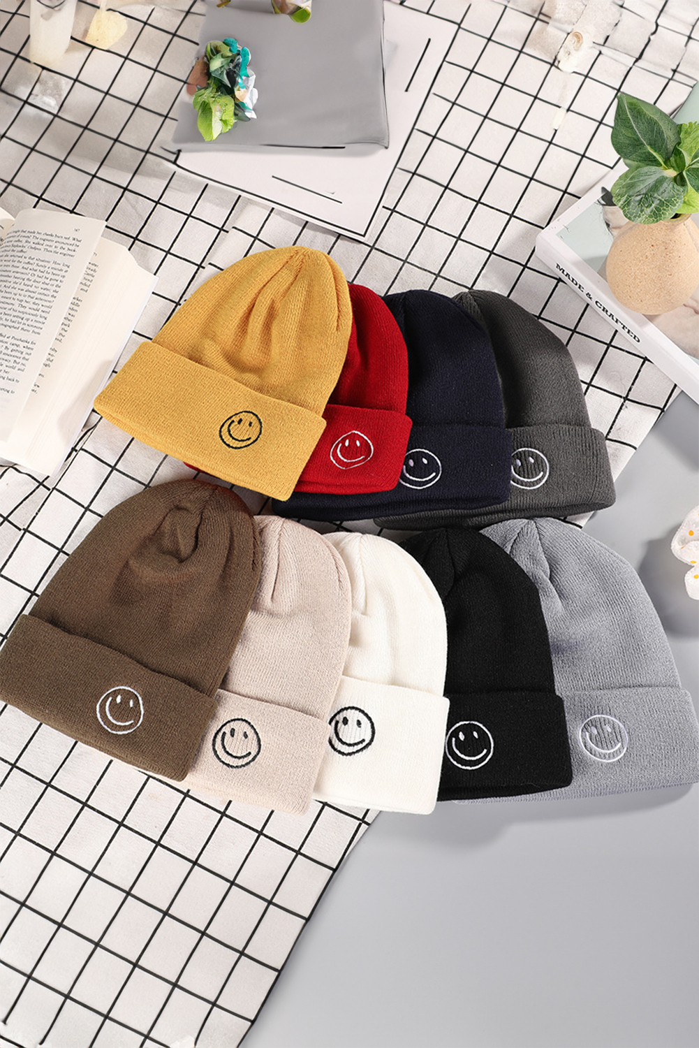 White Smiley Face Eaveless Beanie Hats - loveforevers