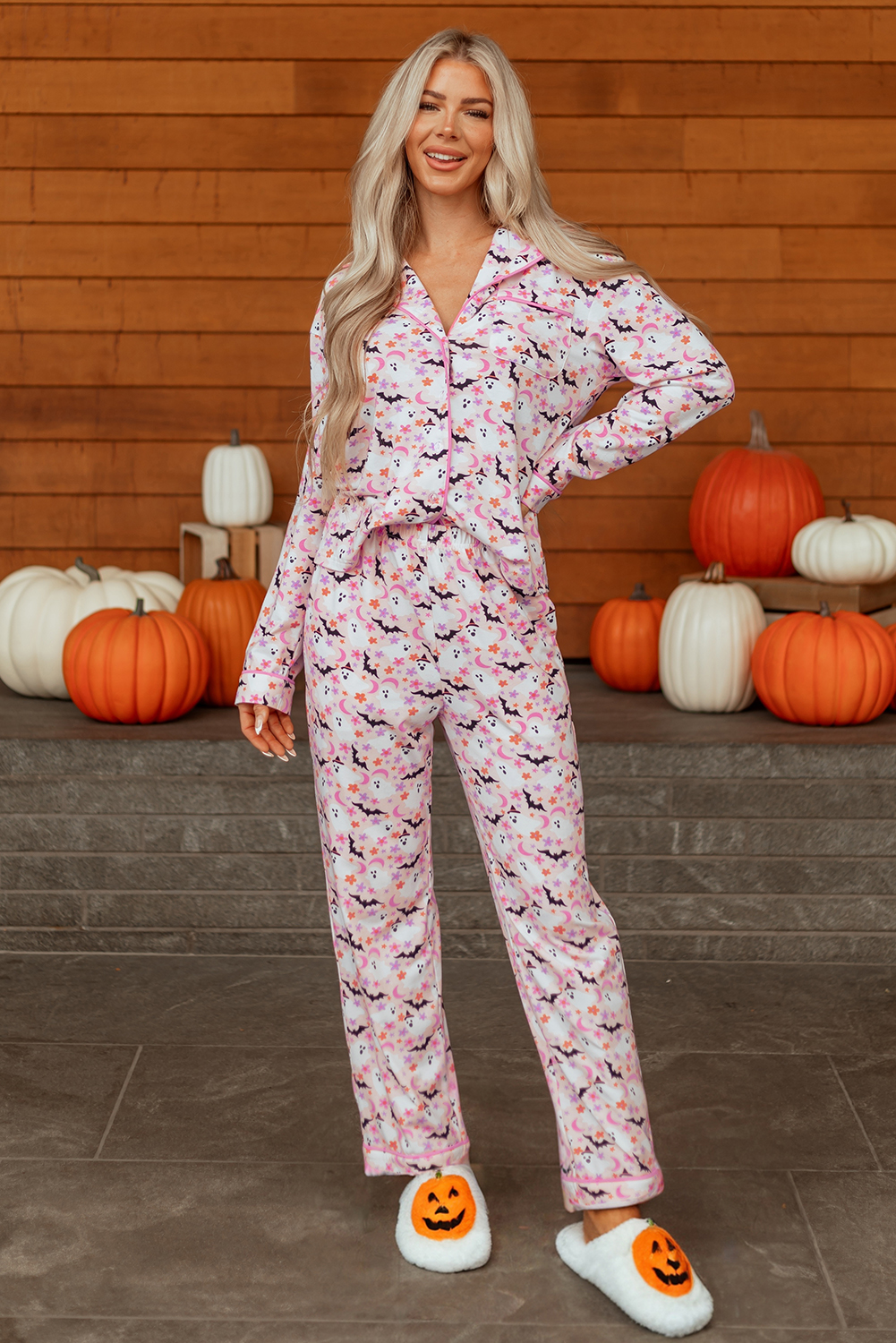 Pink Halloween Eve Haunted Honey Bat Print Pajama Set - loveforevers