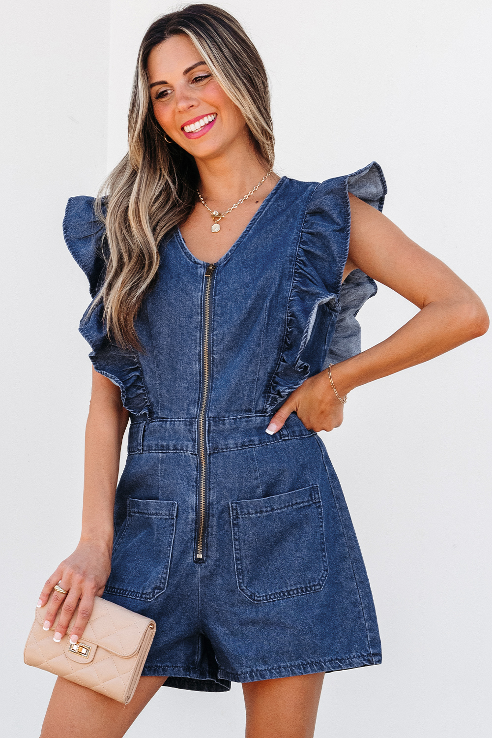 Sail Blue Denim Ruffled Zipped Front Belted Romper - loveforevers