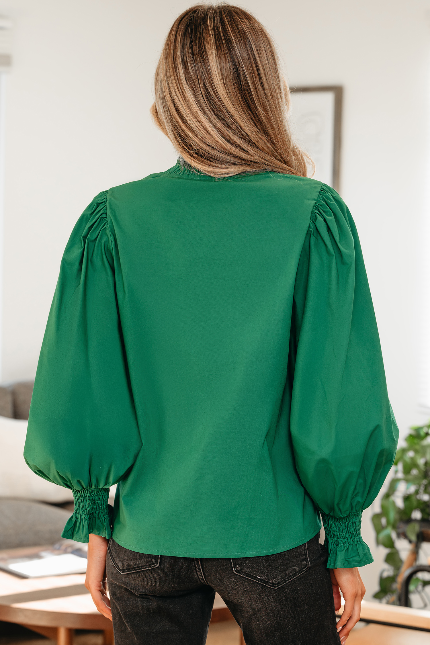 Evergreen Puffy Flounce Sleeve Leopard Trim V Neck Blouse - loveforevers