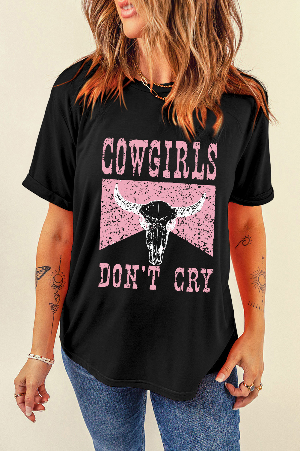 Black COWGIRL DONT CRY Steer Head Print Short Sleeve Top - loveforevers