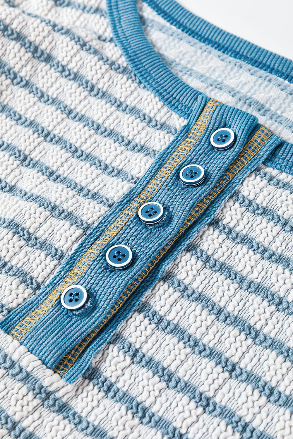 Sky Blue Stripe Textured Frilly Trim Buttons Henley Long Sleeve Top - loveforevers