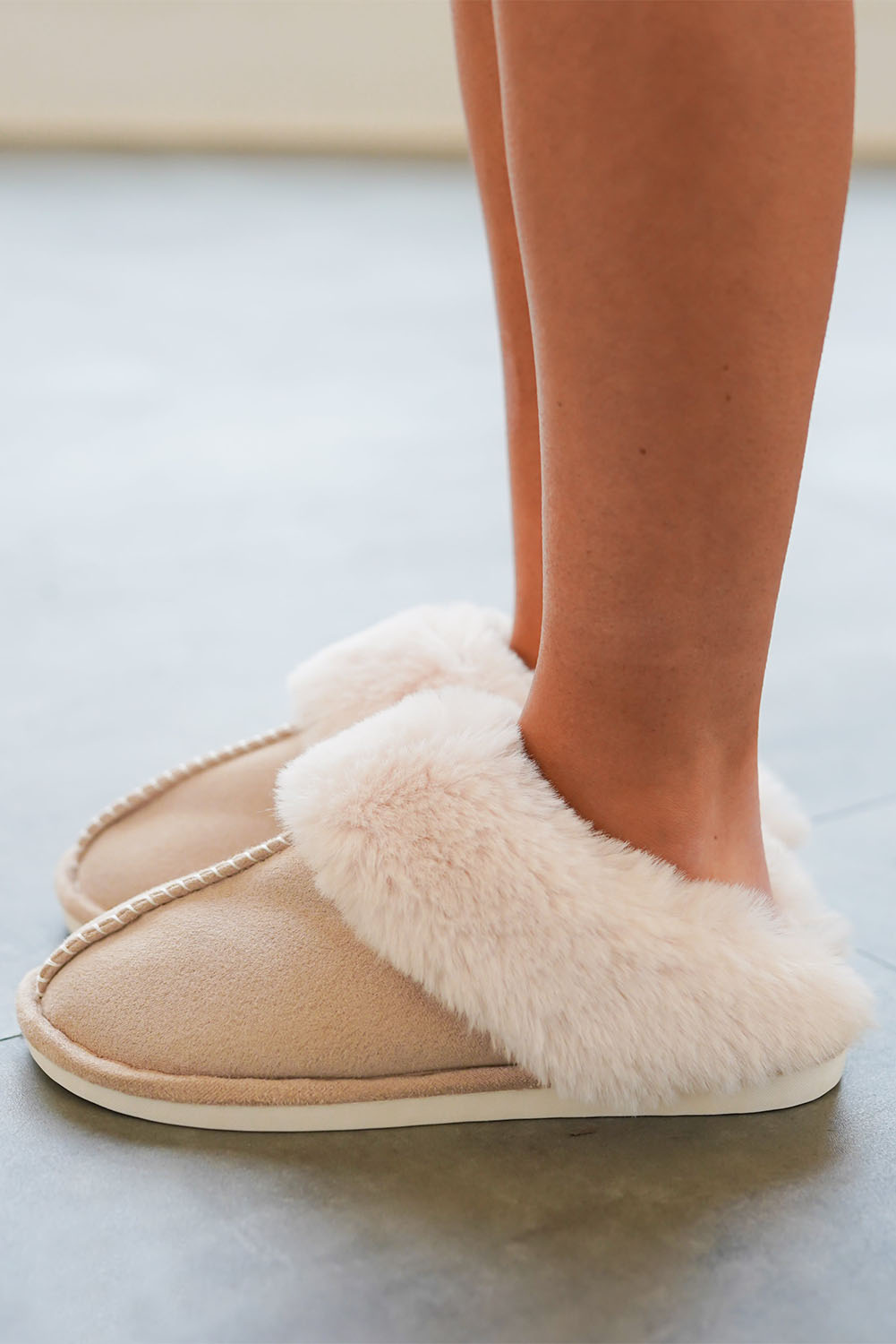 Khaki Cut and Sew Faux Suede Plush Lined Slippers - loveforevers