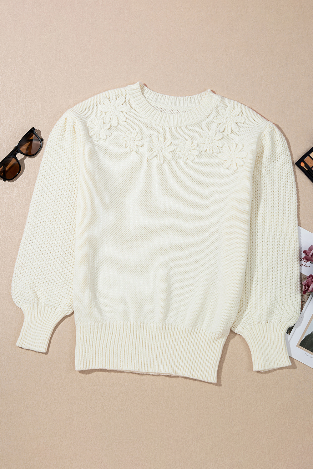 White Flower Detail Round Neck Contrast Textured Puff Sleeve Sweater - loveforevers