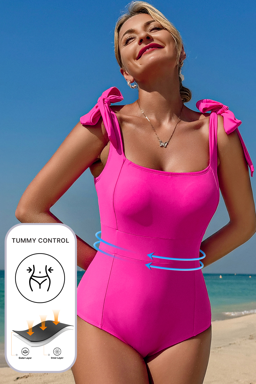 Dearlovers Rose Red Square Neck Knotted Shoulder Open Back One Piece Swimsuit - loveforevers