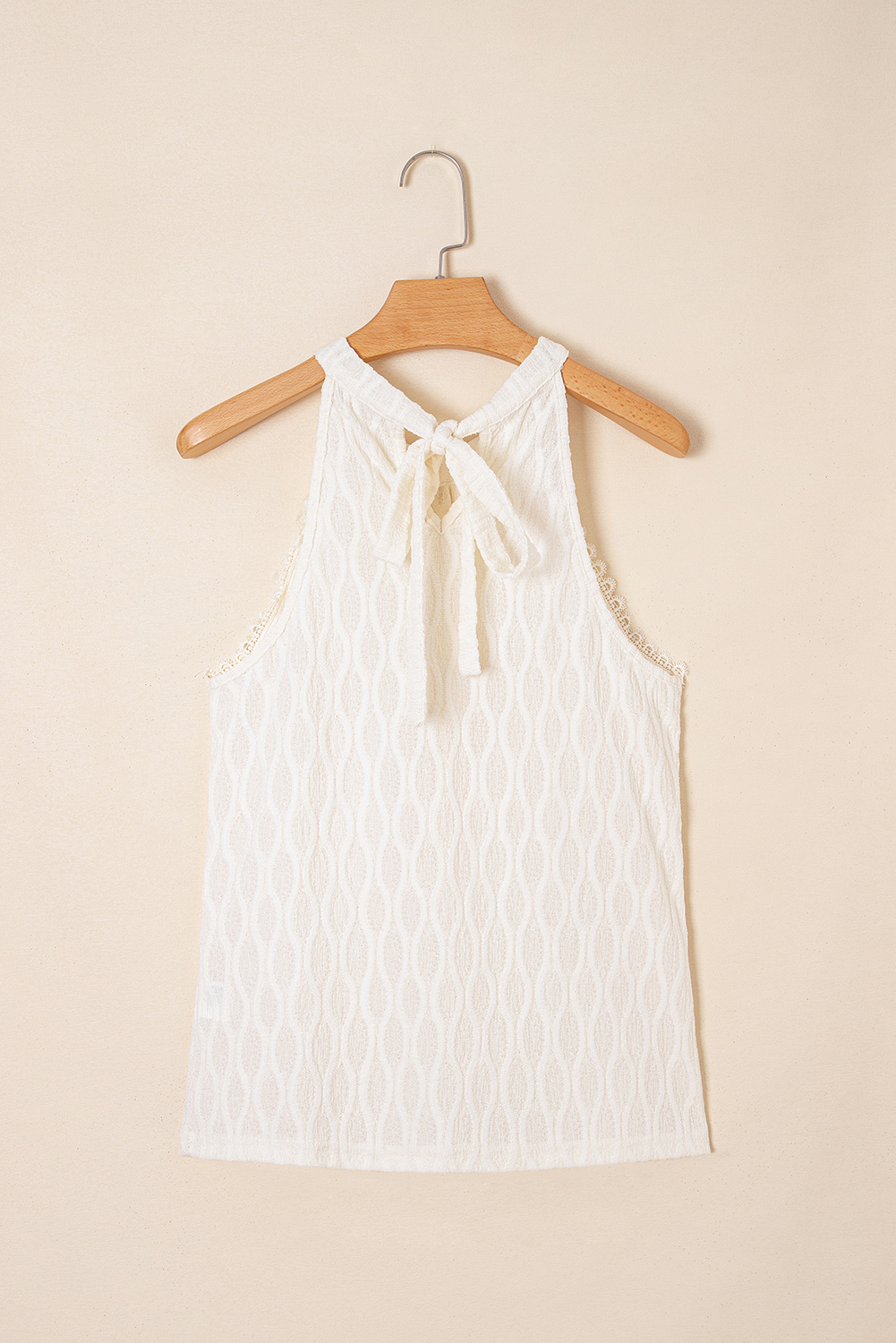 Beige Frenchy Lace Trim Textured Halter Tank Top - loveforevers