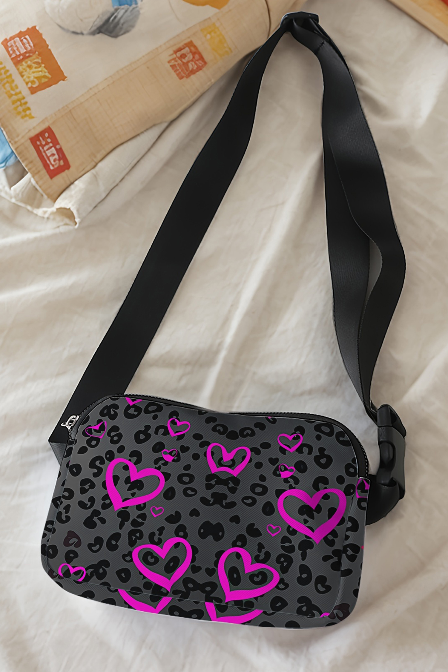 Dark Grey Leopard Heart Printed Canvas Crossbody Bag - loveforevers