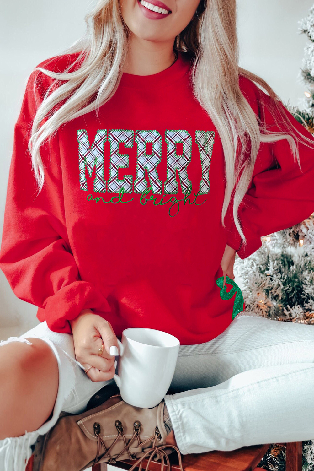 Fiery Red Merry and Bright Plaid Embroidered Letter Graphic Sequin Bow Decor Christmas Sweatshirt - loveforevers