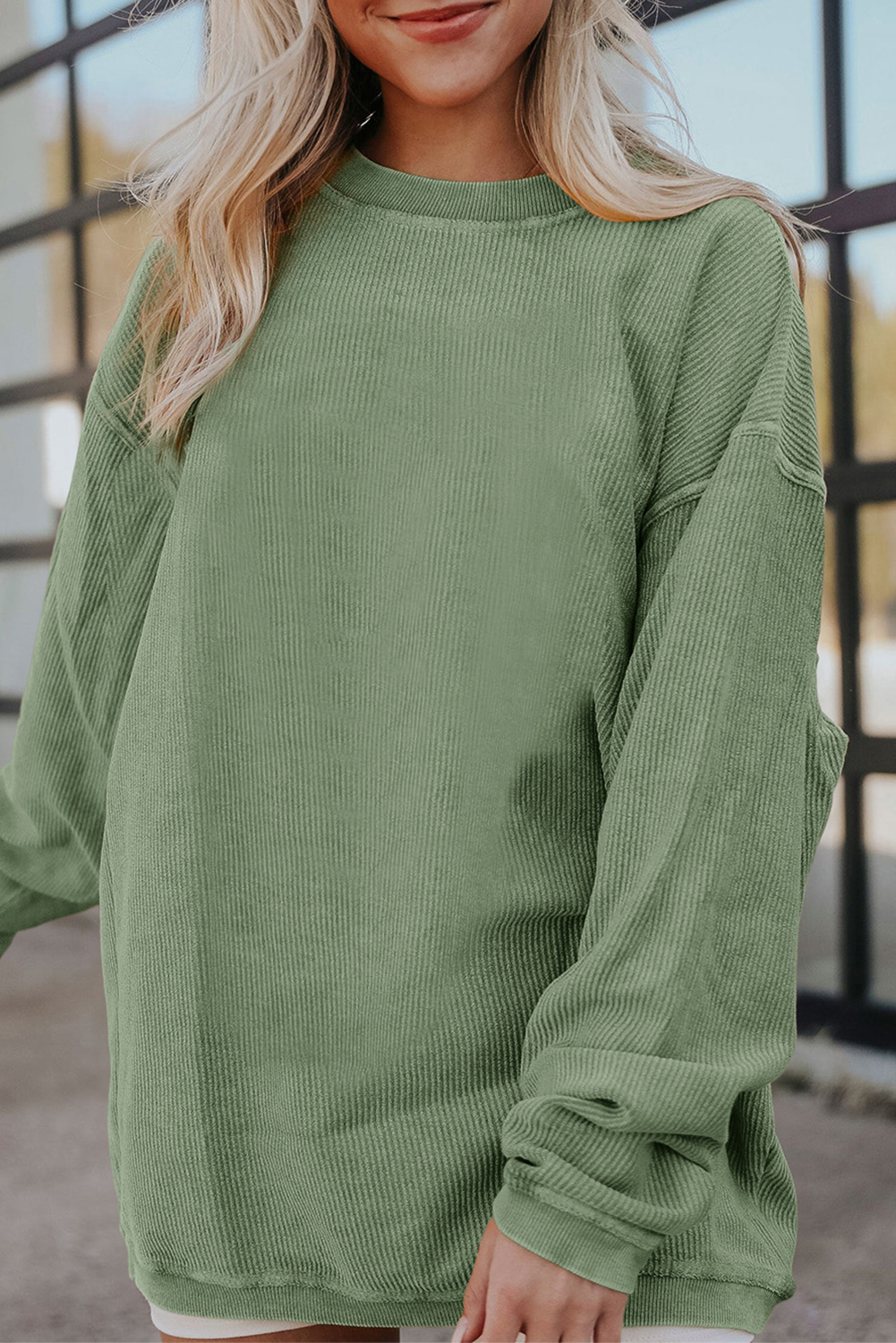 Grass Green Ribbed Corded Oversized Sweatshirt - loveforevers