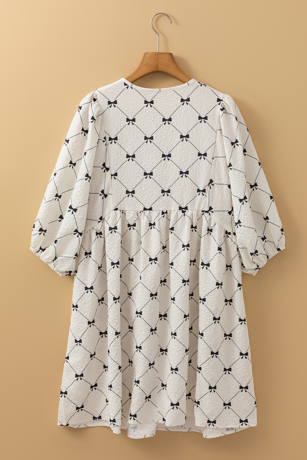 White Bowtie Pattern Textured Puff Half Sleeve Loose Mini Dress - loveforevers