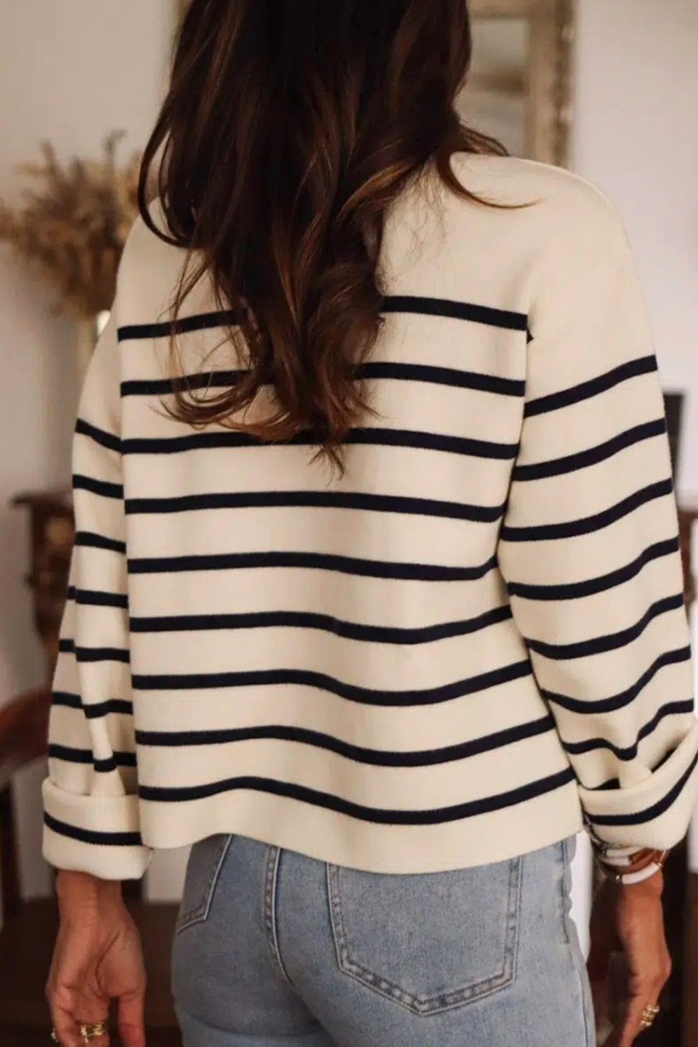 Black Stripe Flap Pocket Buttoned Cardigan Sweater - loveforevers