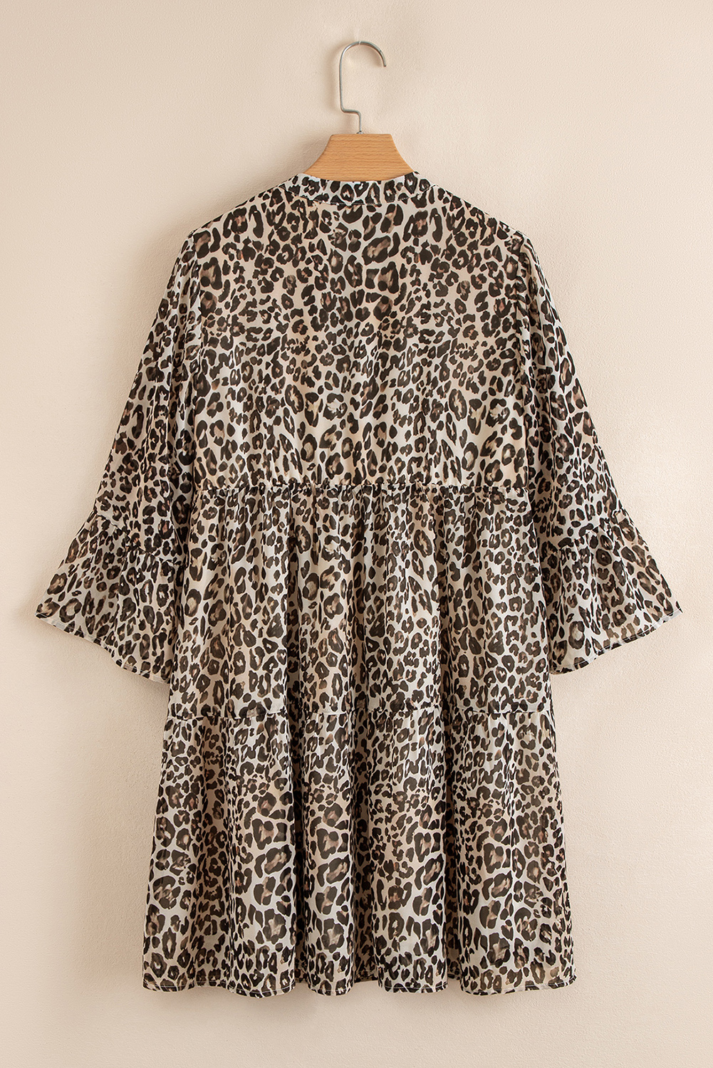 Khaki Leopard 3/4 Sleeve V Neck Swing Dress - loveforevers