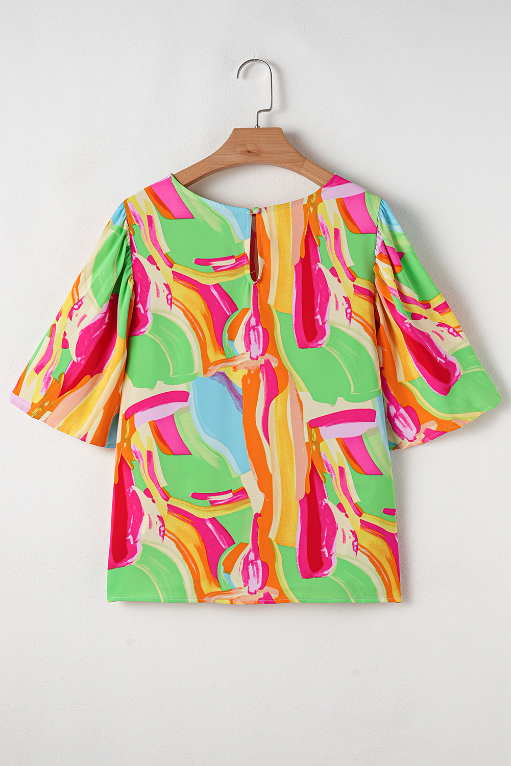 Multicolour Abstract Print Keyhole Back Pleated Half Sleeve Blouse - loveforevers