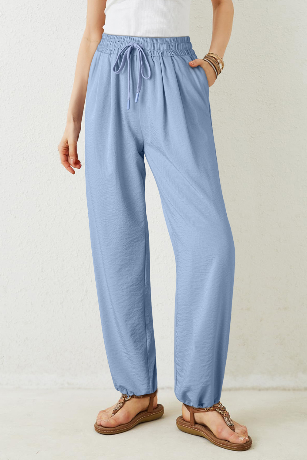 Myosotis Drawstring Elastic Waistband Pleated Loose Pants - loveforevers