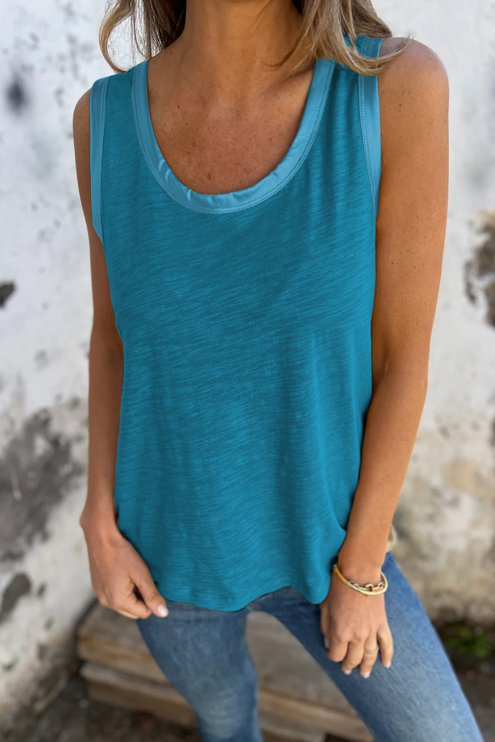 Tan Metallic Sheen Edge Scoop Neck Tank Top - loveforevers