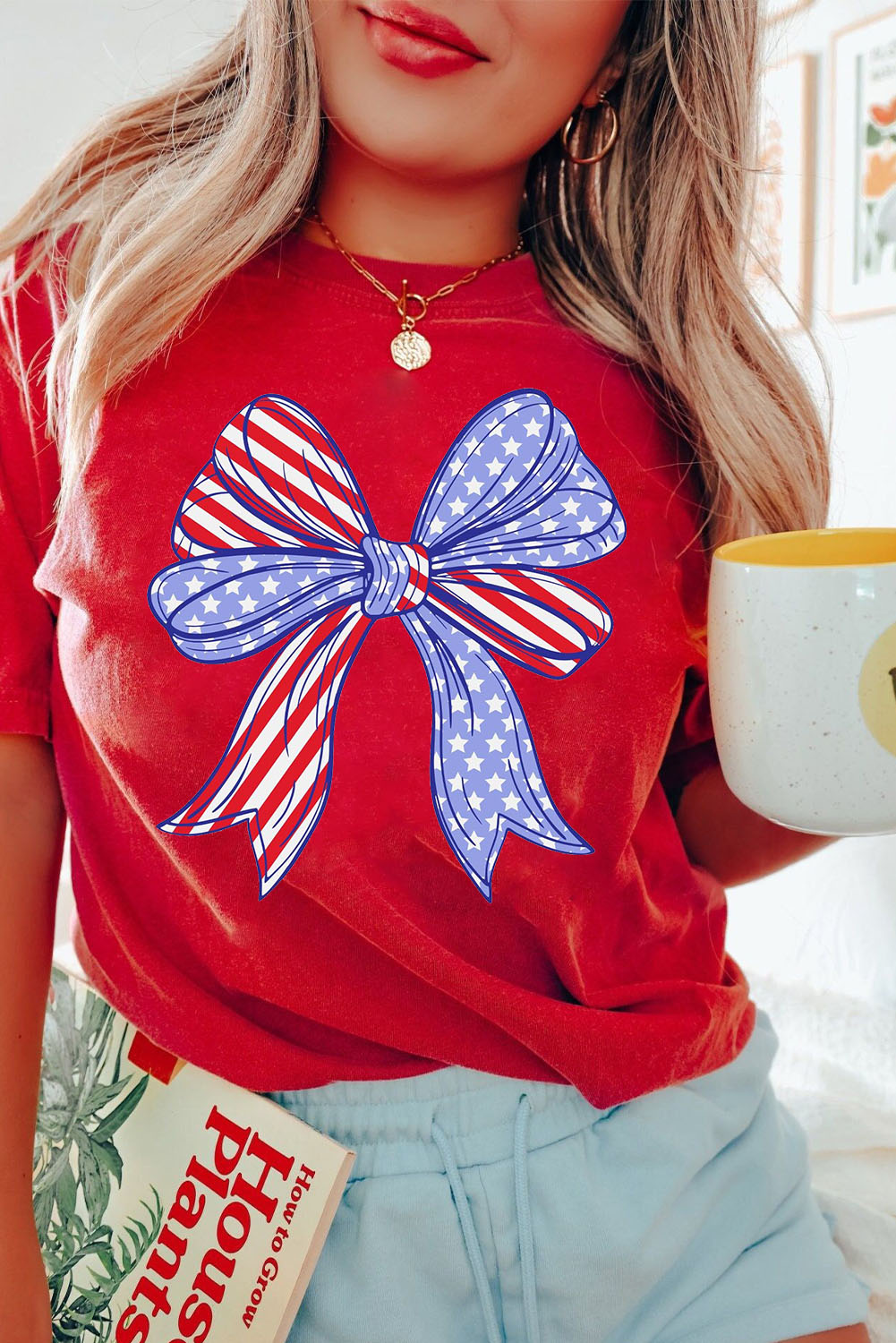 Red American Flag Bow Knot Print Crew Neck T Shirt - loveforevers