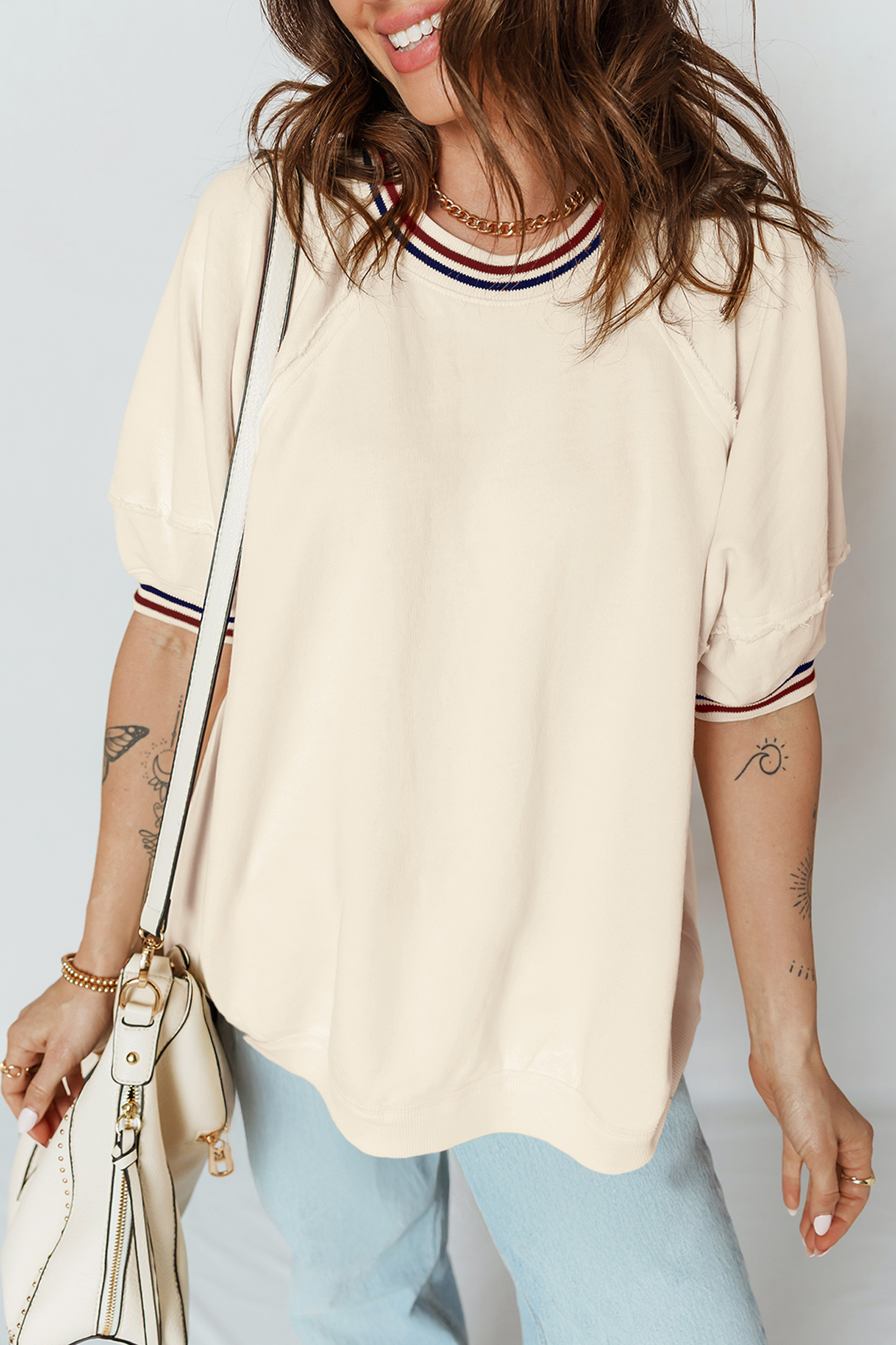 Beige Contrast Varsity Striped Neckline Cuffed Short Sleeve Loose Tunic Top - loveforevers