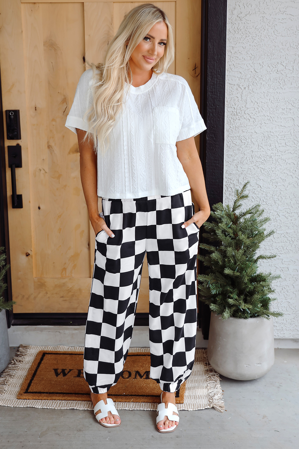 Black 2-Tone Checked Print High Waist Wide Leg Pants - loveforevers