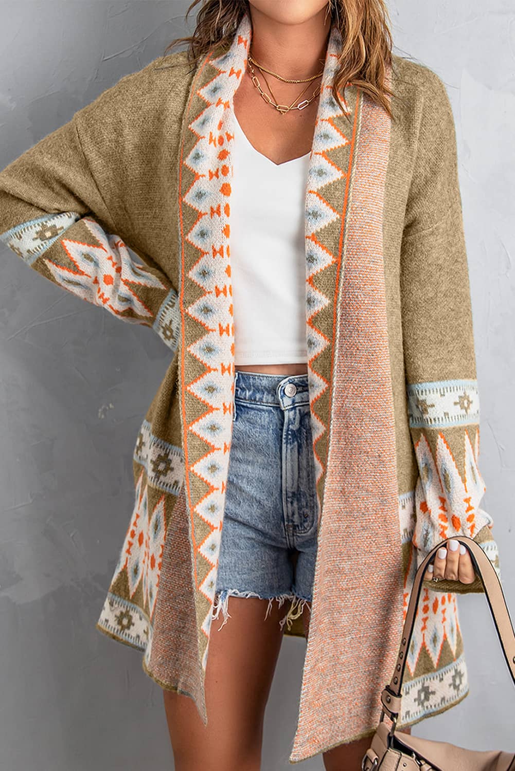 Brown Aztec Print Open Front Knitted Cardigan - loveforevers