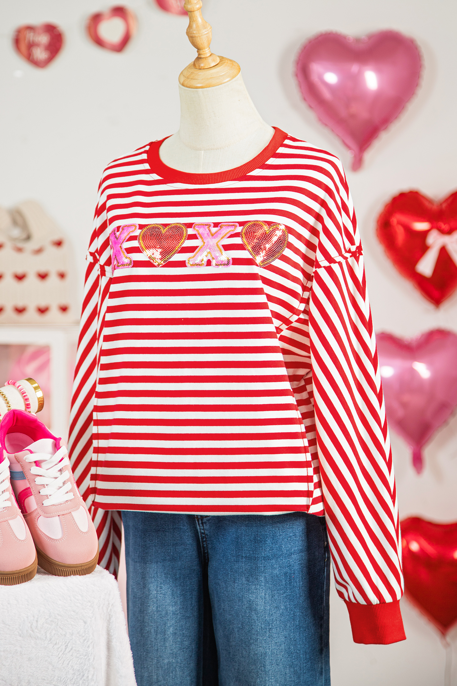 Red Stripe XOXO Sequin Heart Patched Valentines Day Long Sleeve Top - loveforevers