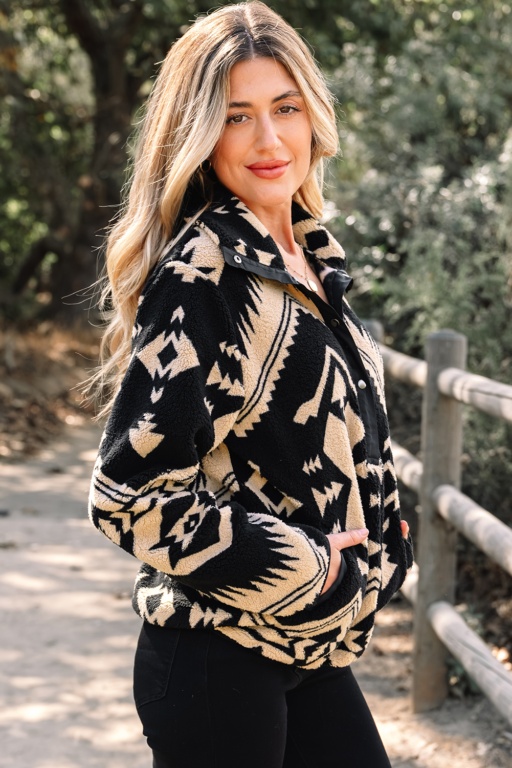 Black Western Aztec Half Placket Plush Sweatshirt - loveforevers