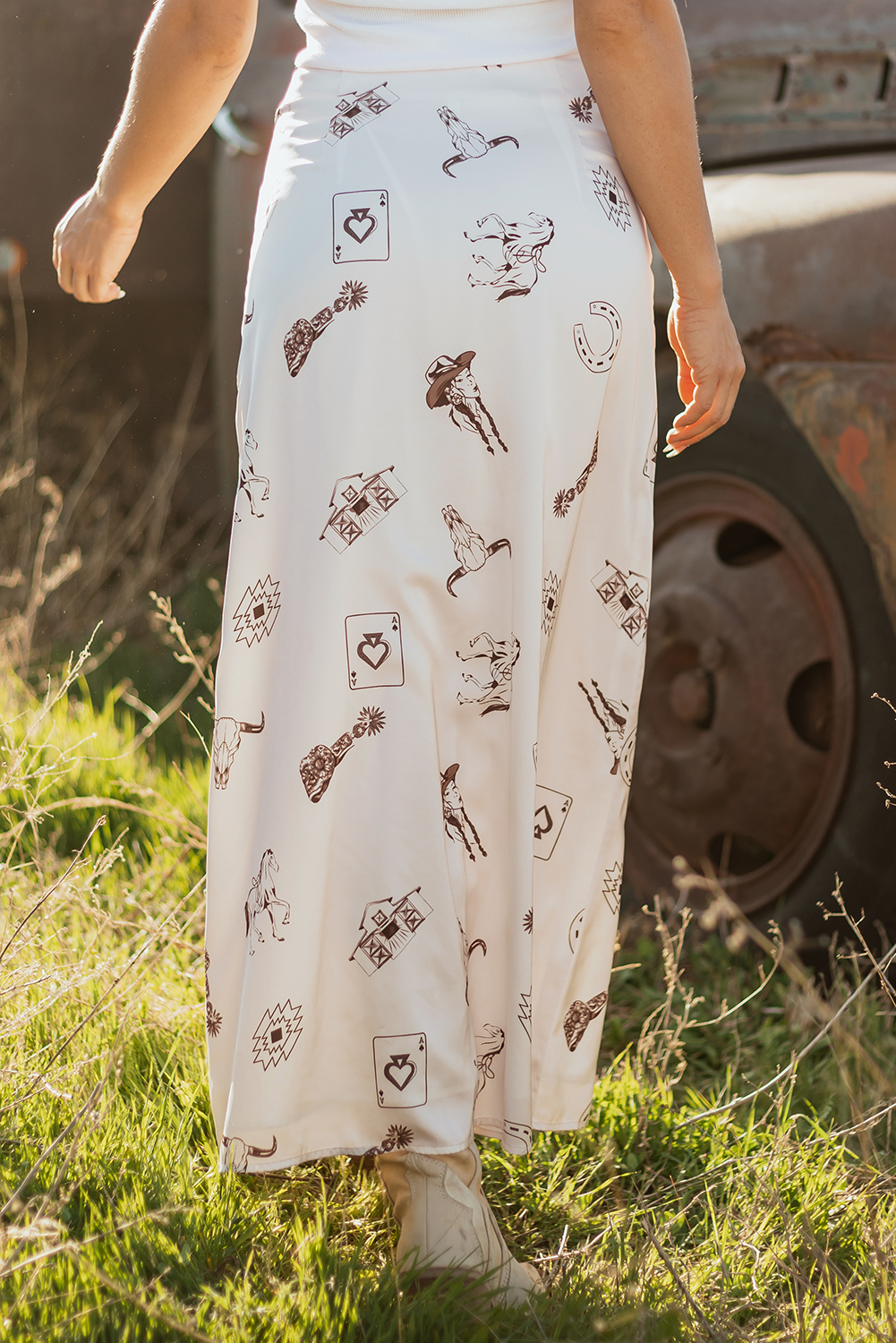 Beige Western Print Satin Long Skirt - loveforevers