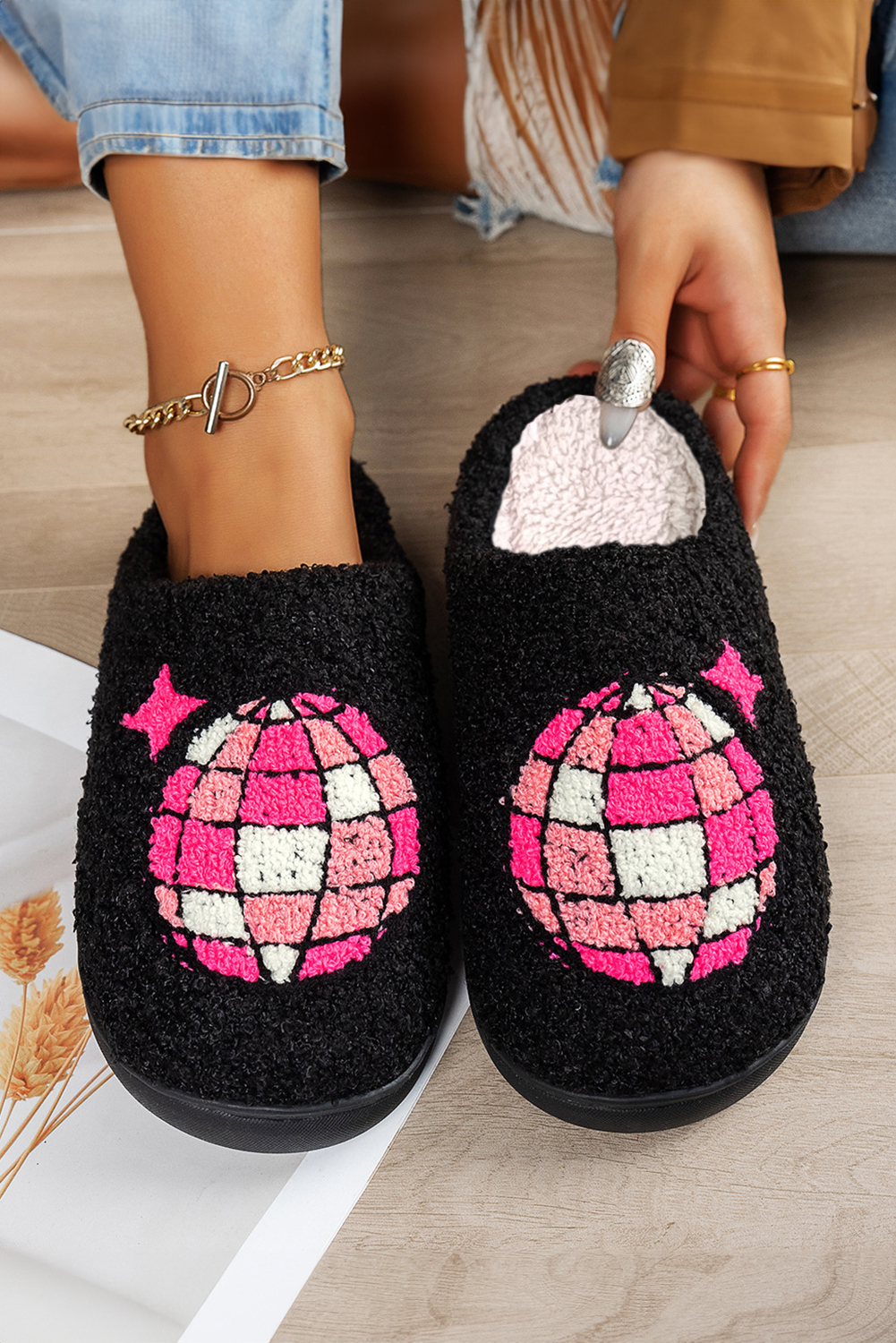 Black Disco Ball Print Fuzzy Winter House Slippers - loveforevers