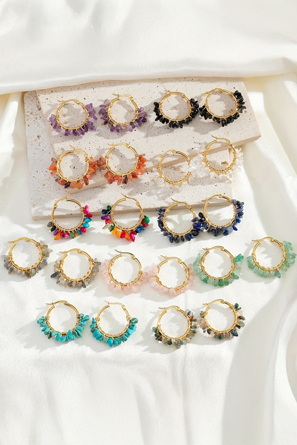 Turquoise Irregular Stone Beading Golden Plated Hoop Earrings - loveforevers