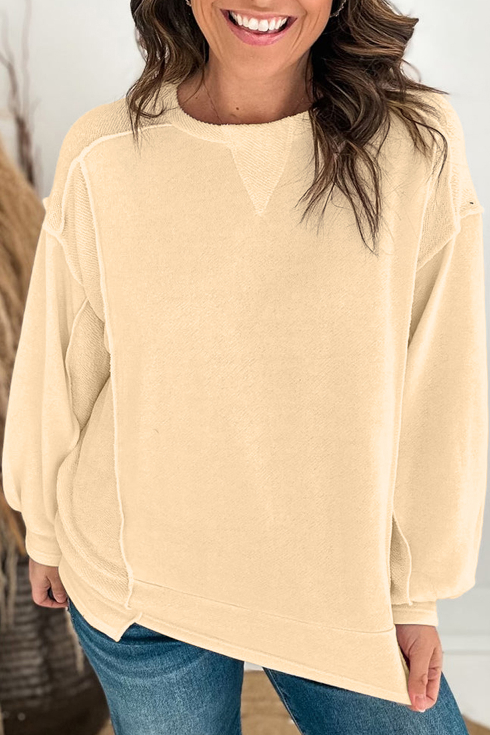 Beige Splicing Round Neck Pullover Sweatshirt - loveforevers