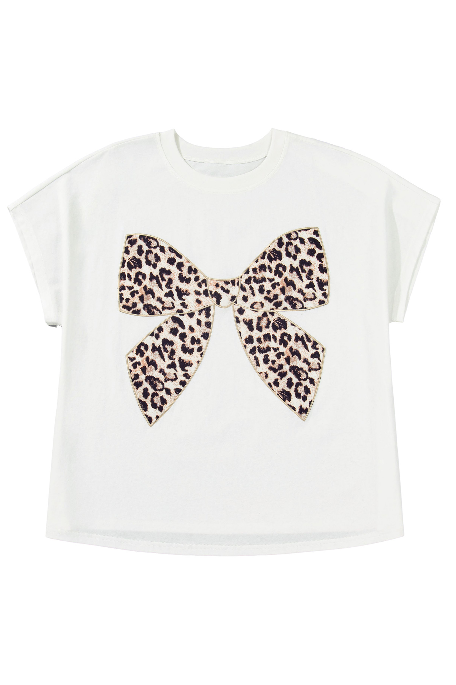 Pink Leopard Bow Embroidered Cotton Round Neck T Shirt - loveforevers