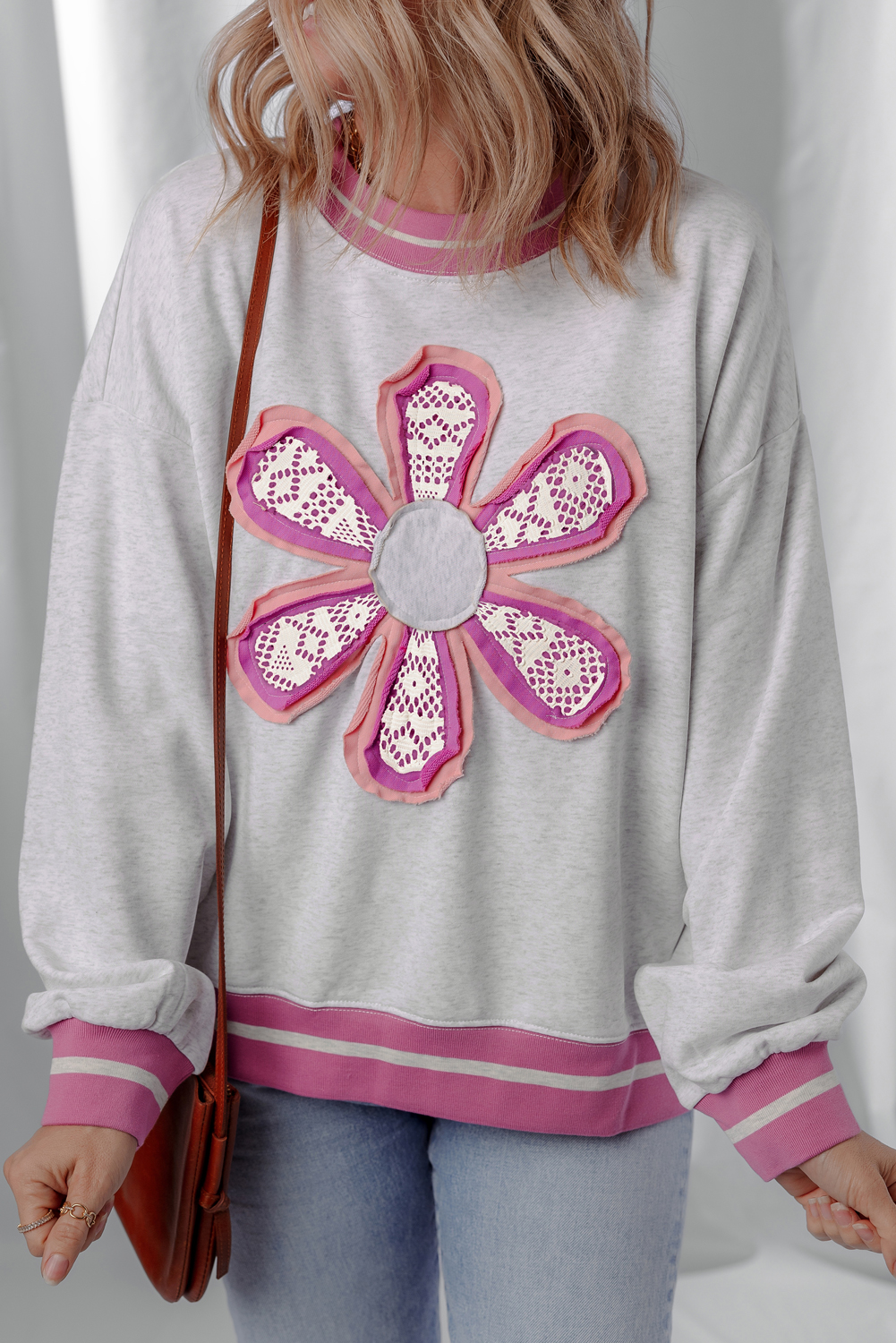 Gray Flower Patch Contrast Trim Crew Neck Sweatshirt - loveforevers