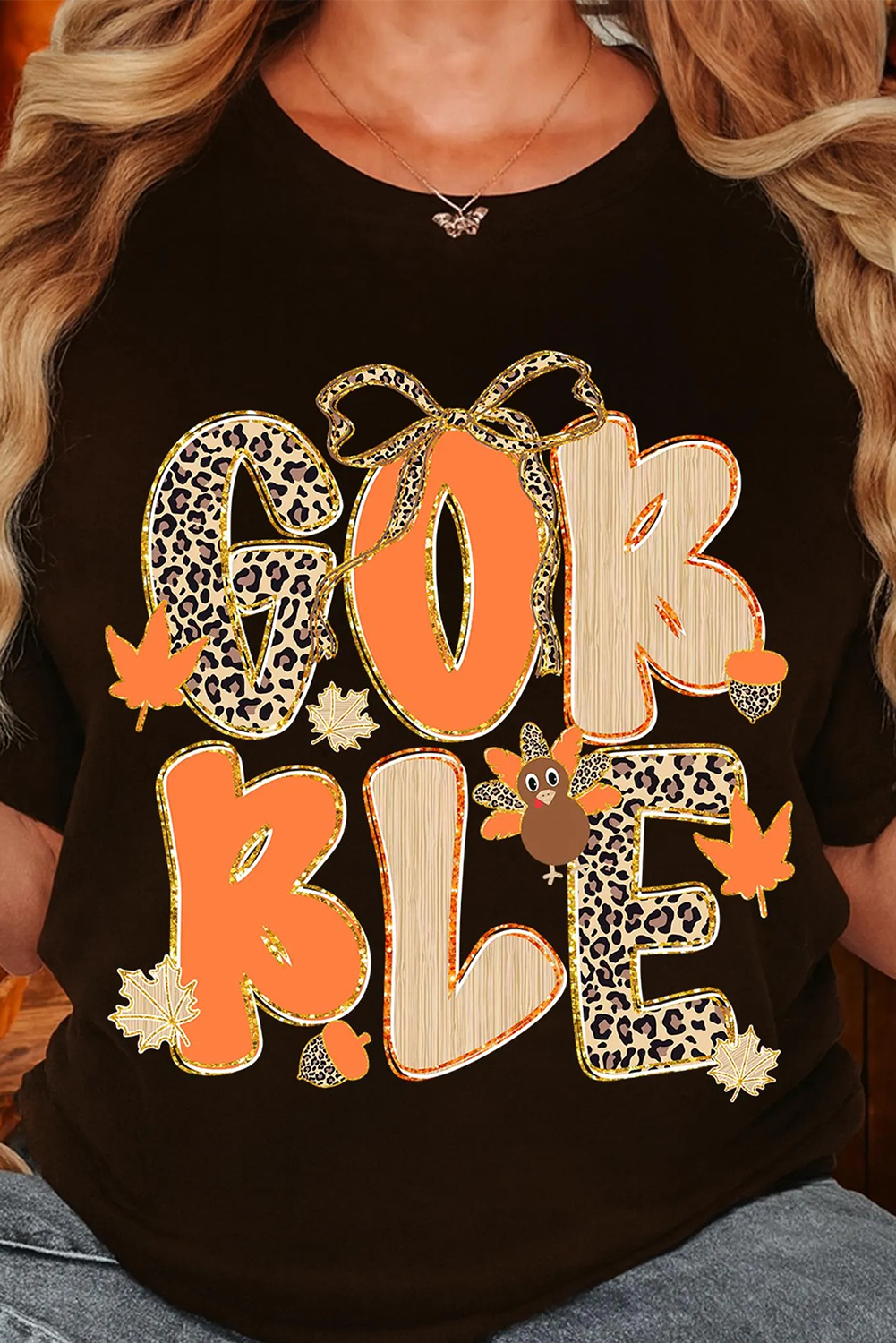 Black GOBBLE Leopard Letter Print Turkey Bow Graphic T Shirt - loveforevers