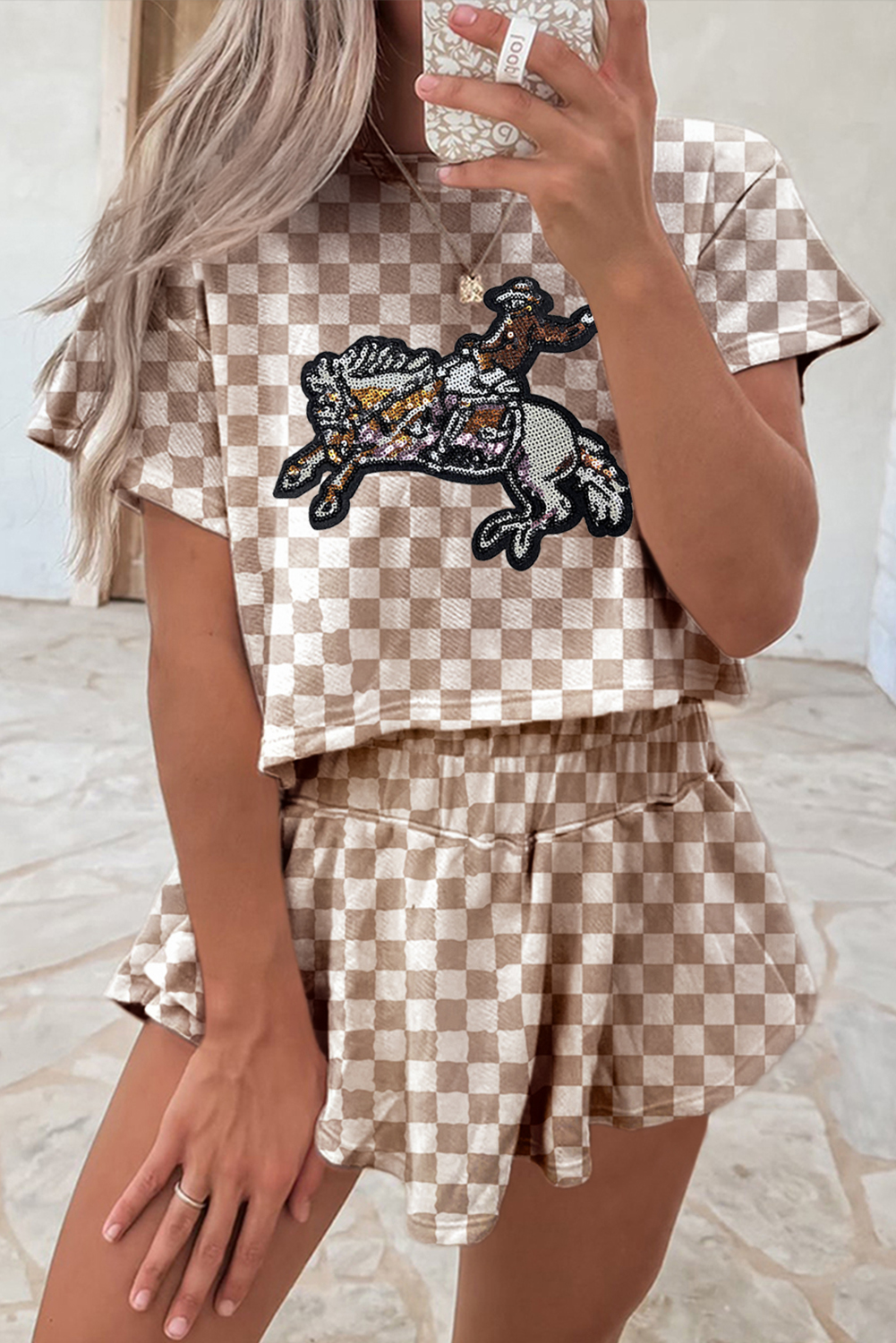 Brown Sequined Rodeo Graphic Checked Cropped Tee and Short Set - loveforevers