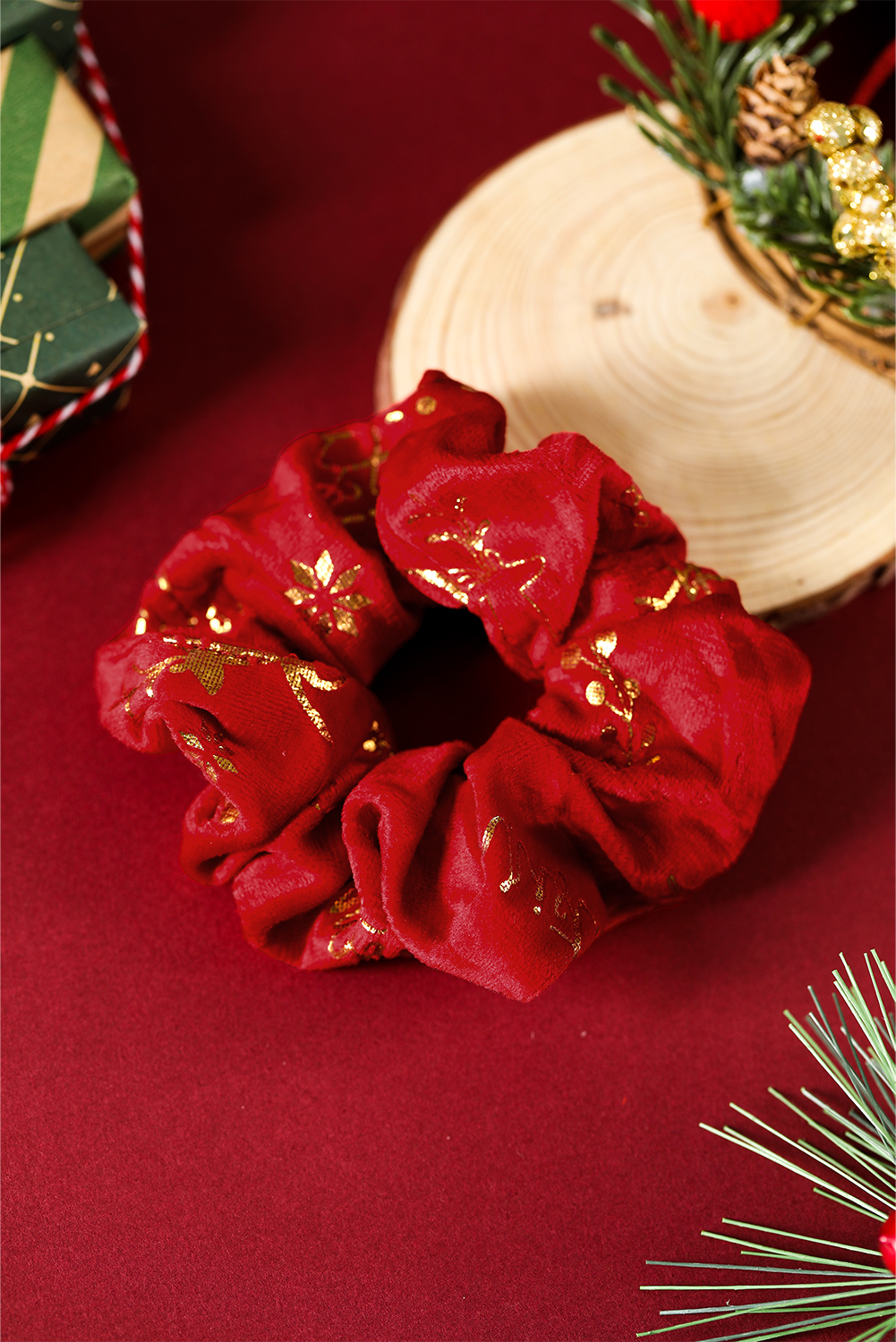 Fiery Red Shimmer Christmas Snowflake Reindeer Print Scrunchie Hair Tie - loveforevers