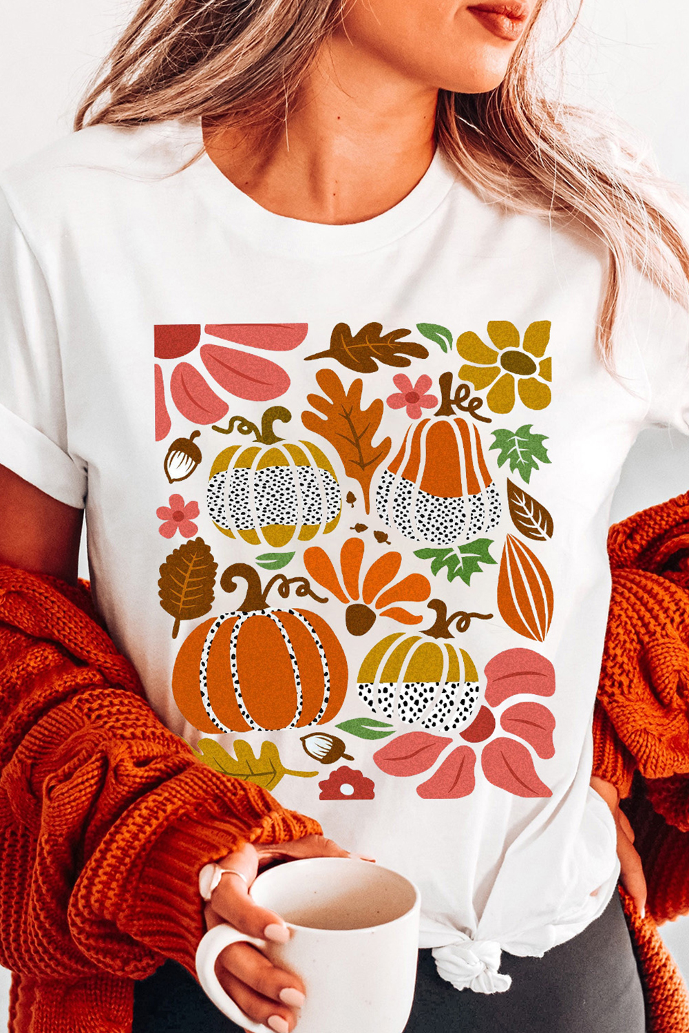 White Pumpkin Flower Print Fall Graphic Cotton Blend Tee - loveforevers