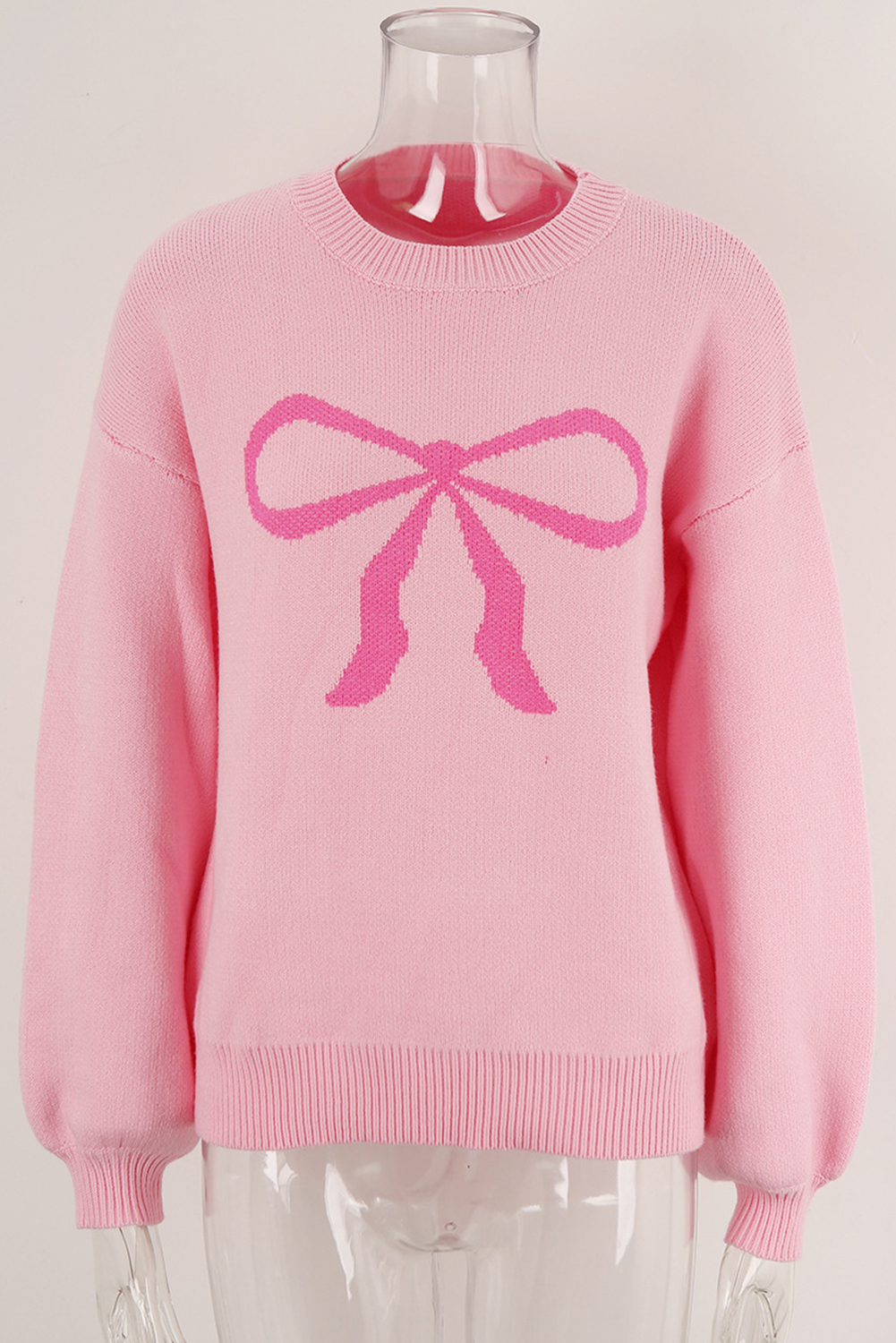Pink Bow Graphic Drop Shoulder Round Neck Sweater - loveforevers