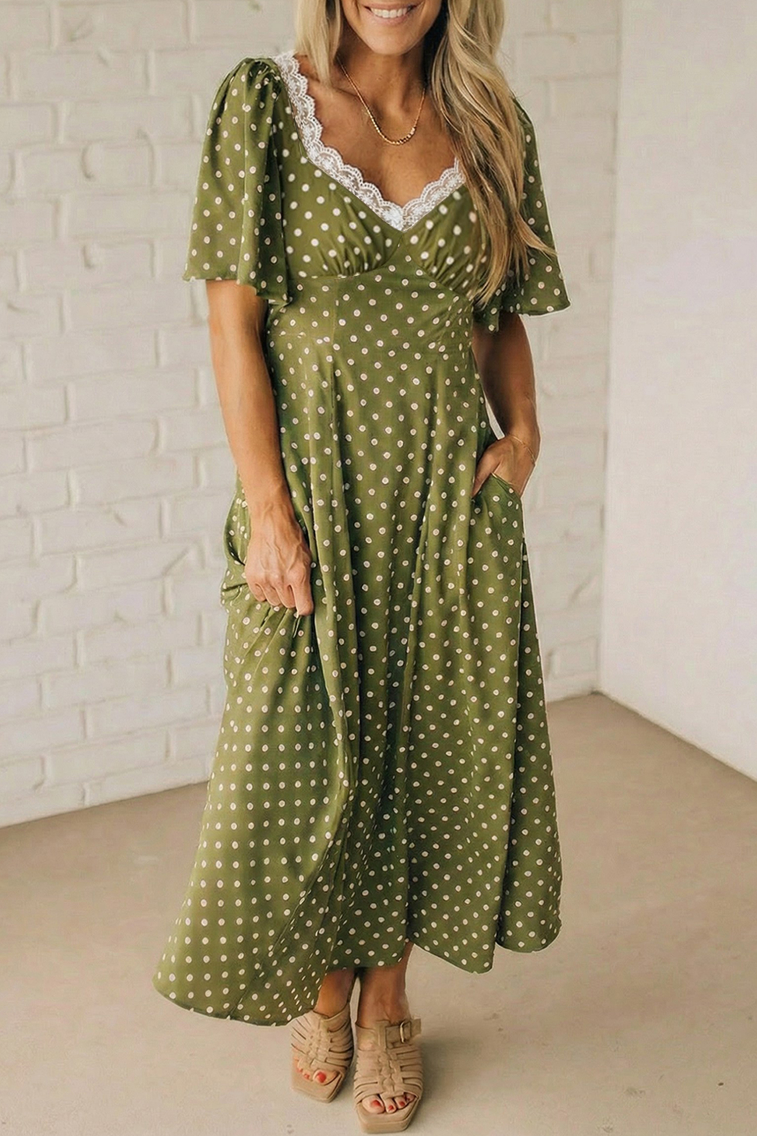 Green Polka Dot Print Lacy Neckline Smocked High Waist Maxi Dress - loveforevers