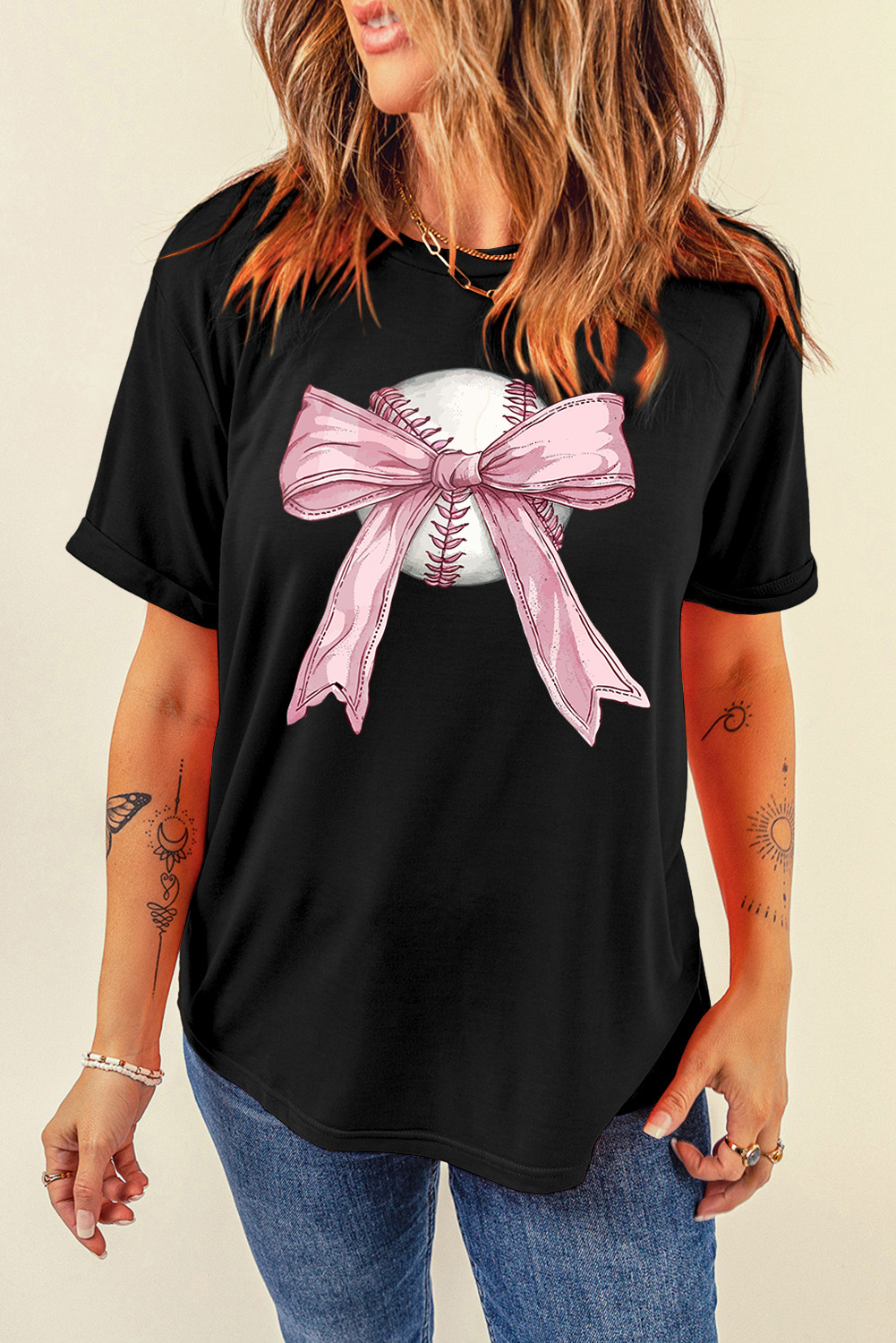 Black Baseball Bow Knot Print Round Neck T Shirt - loveforevers