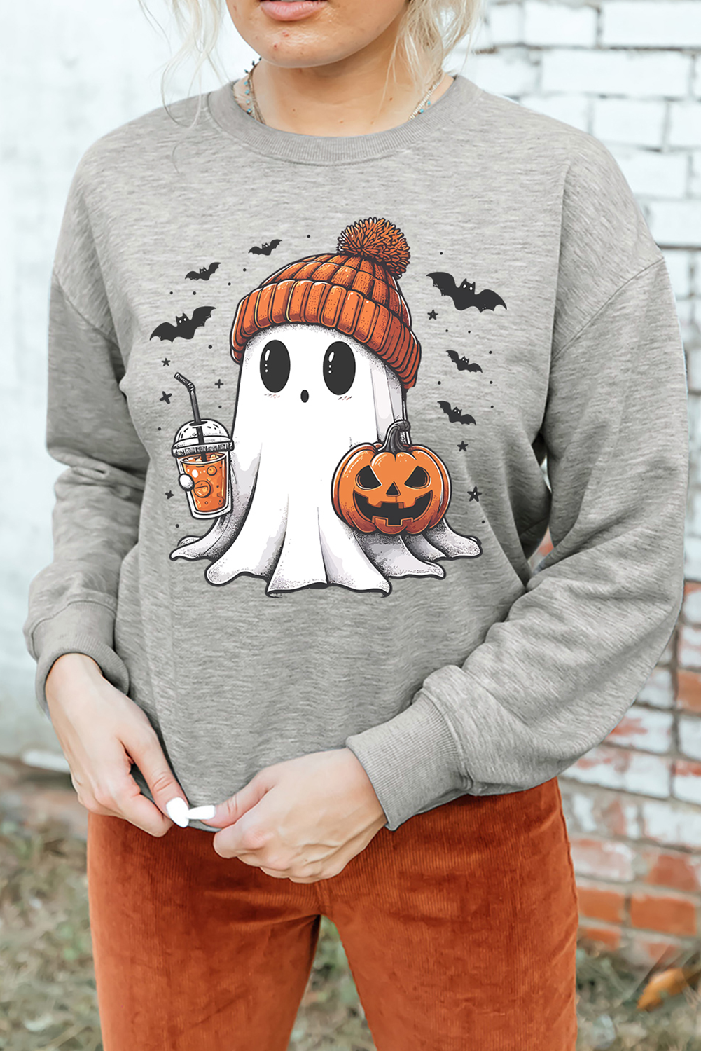 Gray Halloween Ghost Print Crewneck Drop Shoulder Sweatshirt - loveforevers