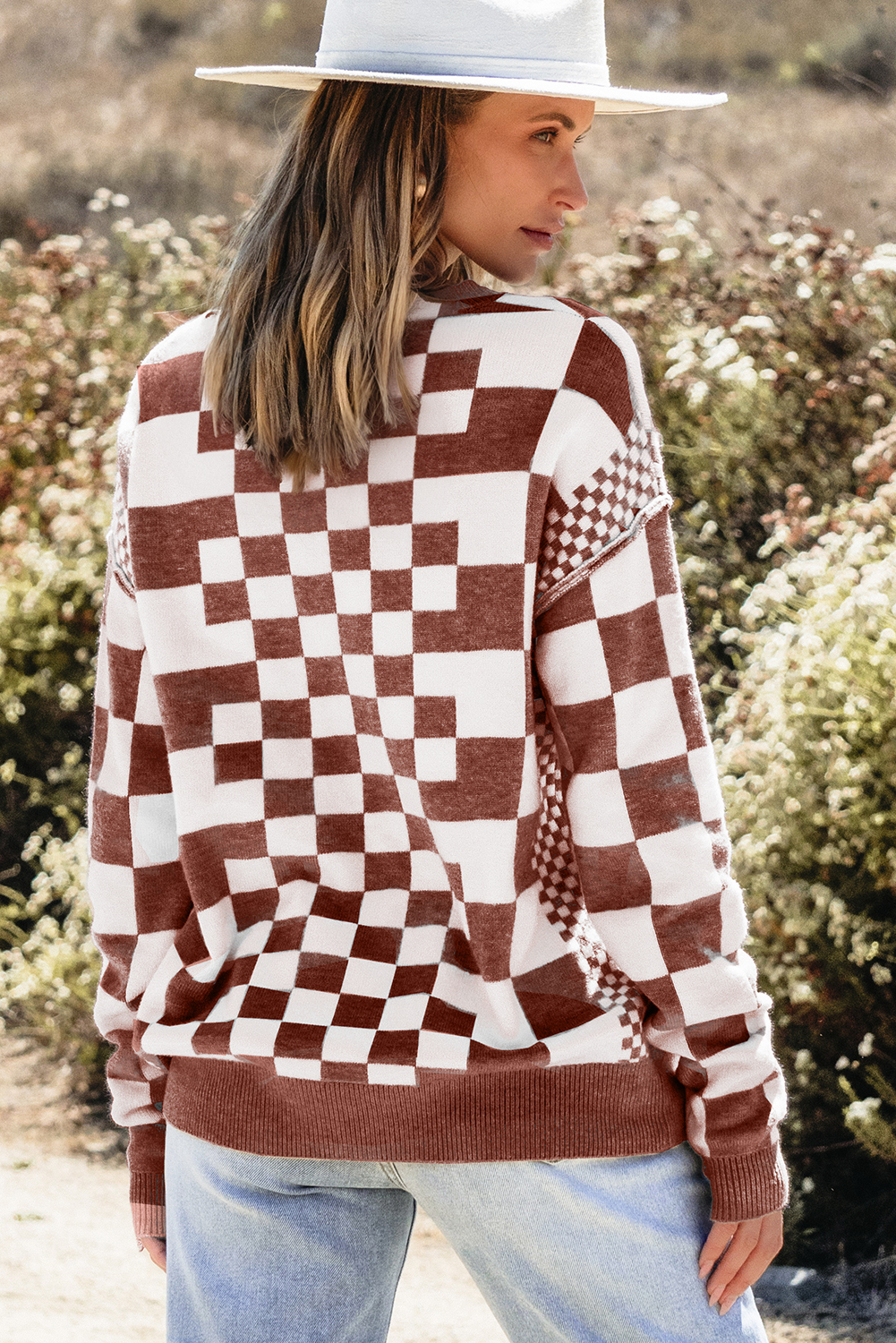 Khaki Checkered Print Drop Shoulder Round Neck Sweater - loveforevers