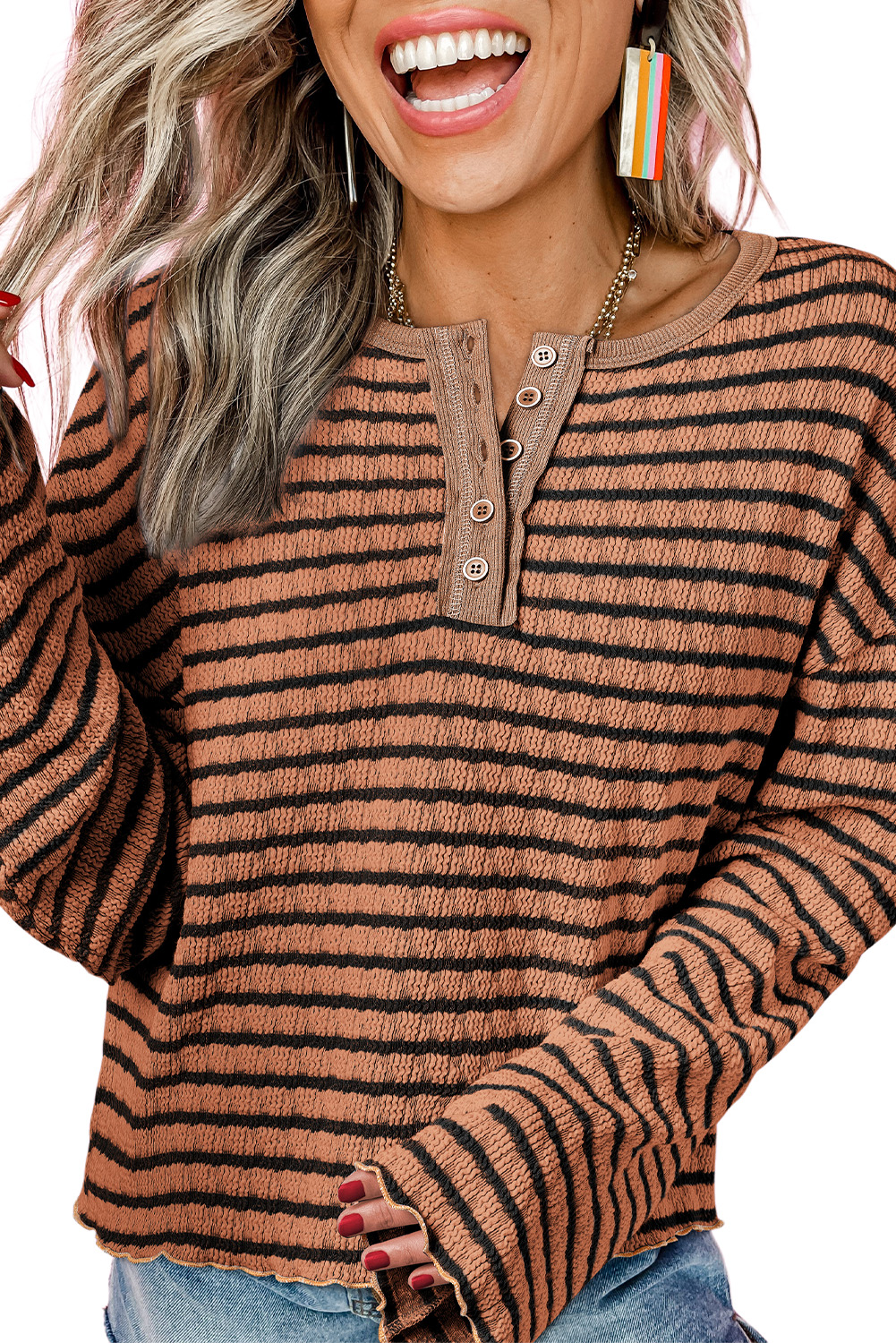 Sky Blue Stripe Textured Frilly Trim Buttons Henley Long Sleeve Top - loveforevers