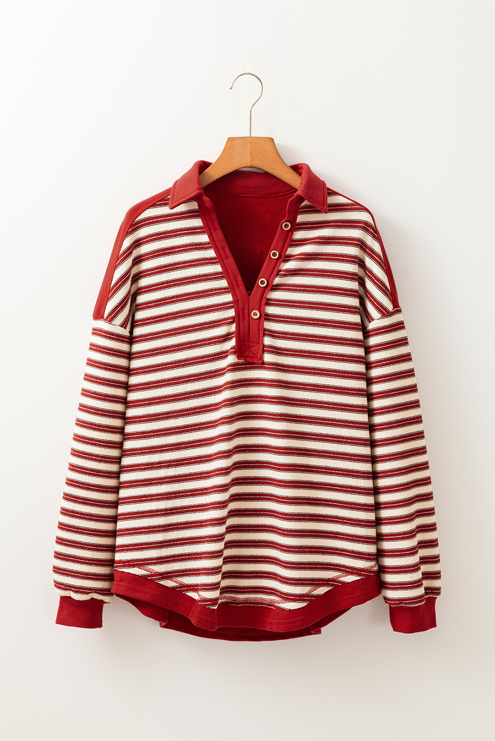 Red Stripe Buttoned V Neck Collared Drop Shoulder Top - loveforevers