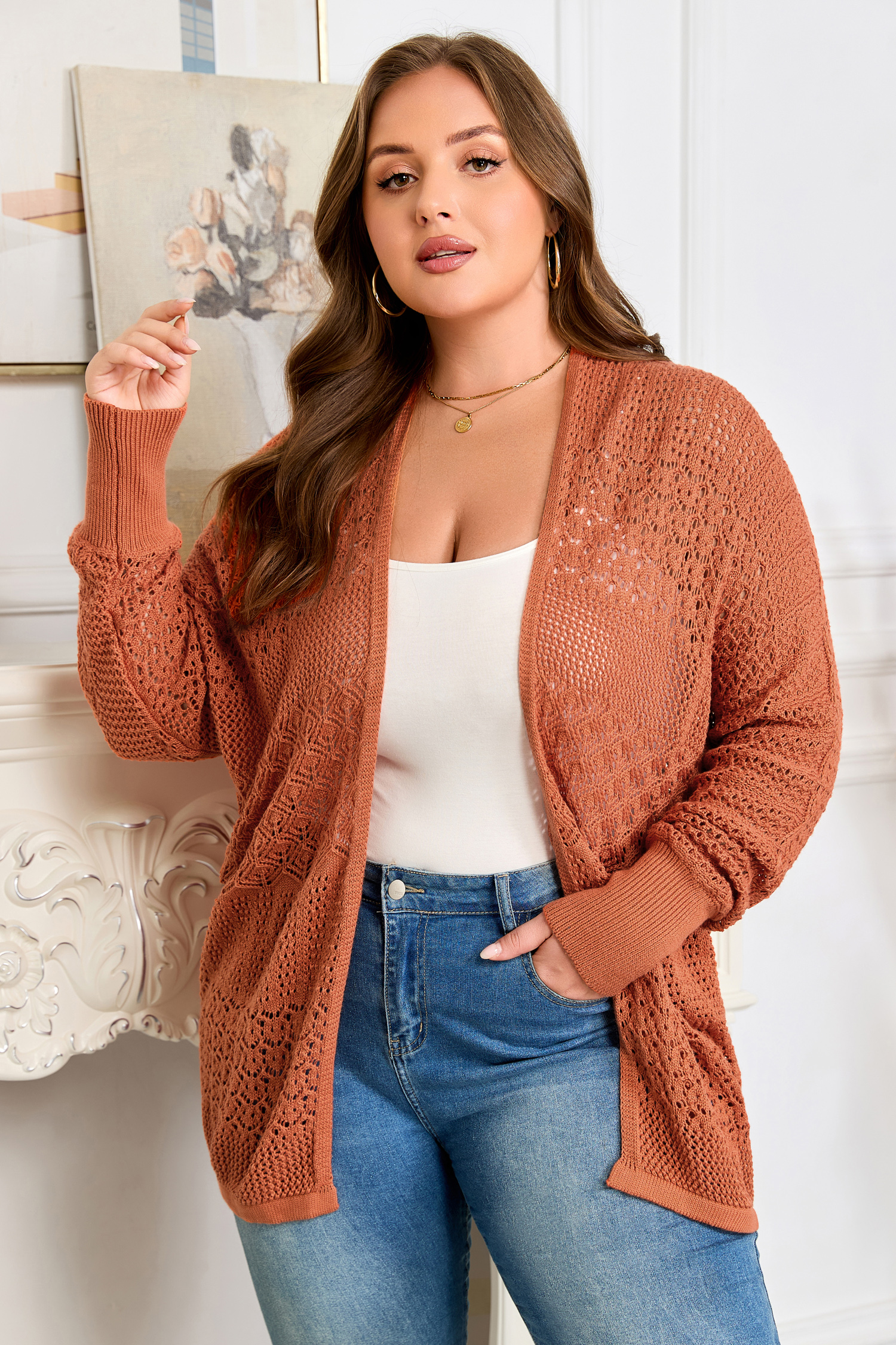 Redwood Burl Mixed Pattern Knitted Open Front Plus Cardigan - loveforevers