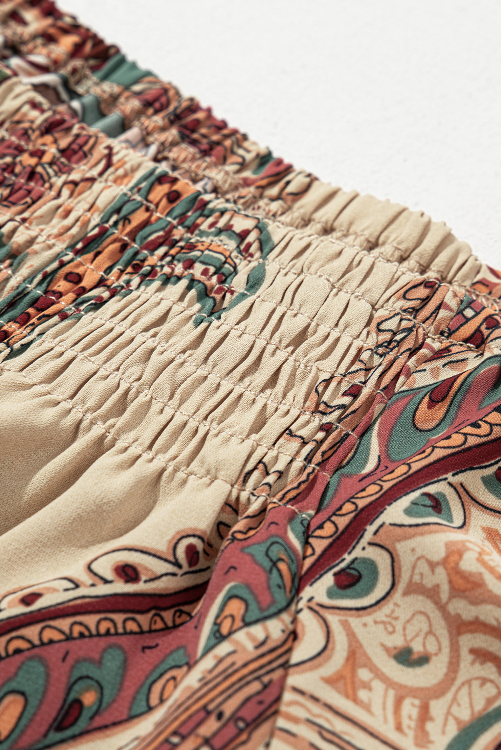 Apricot Paisley Printed Shirred Off Shoulder Ruffled Draped Sleeve Blouse - loveforevers