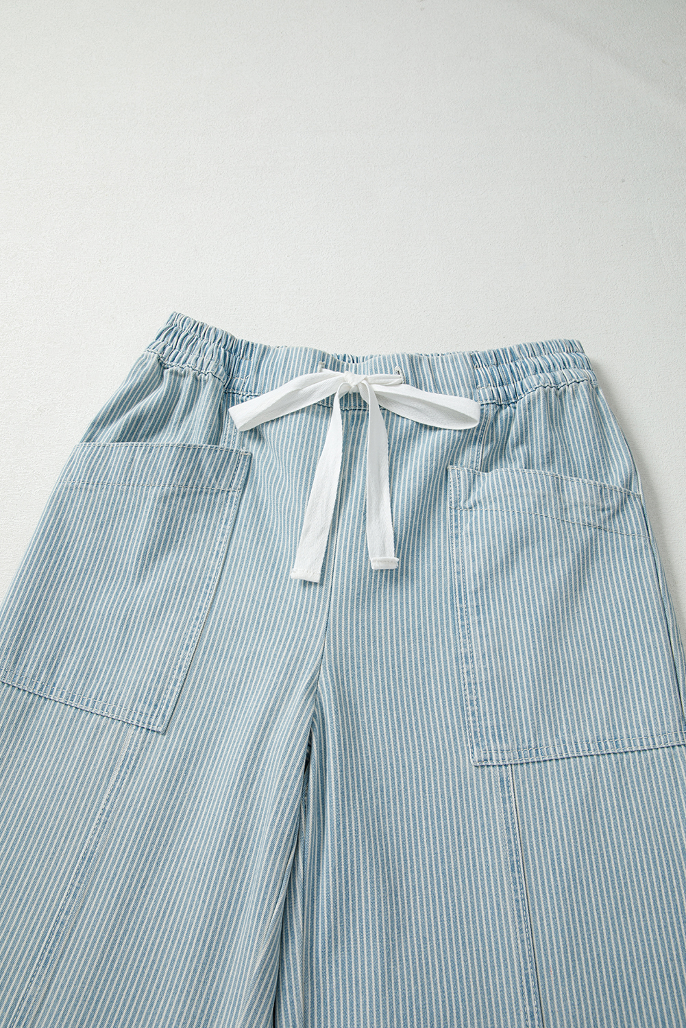 Sky Blue Stripe Mid Rise Drawstring Waist Jeans - loveforevers